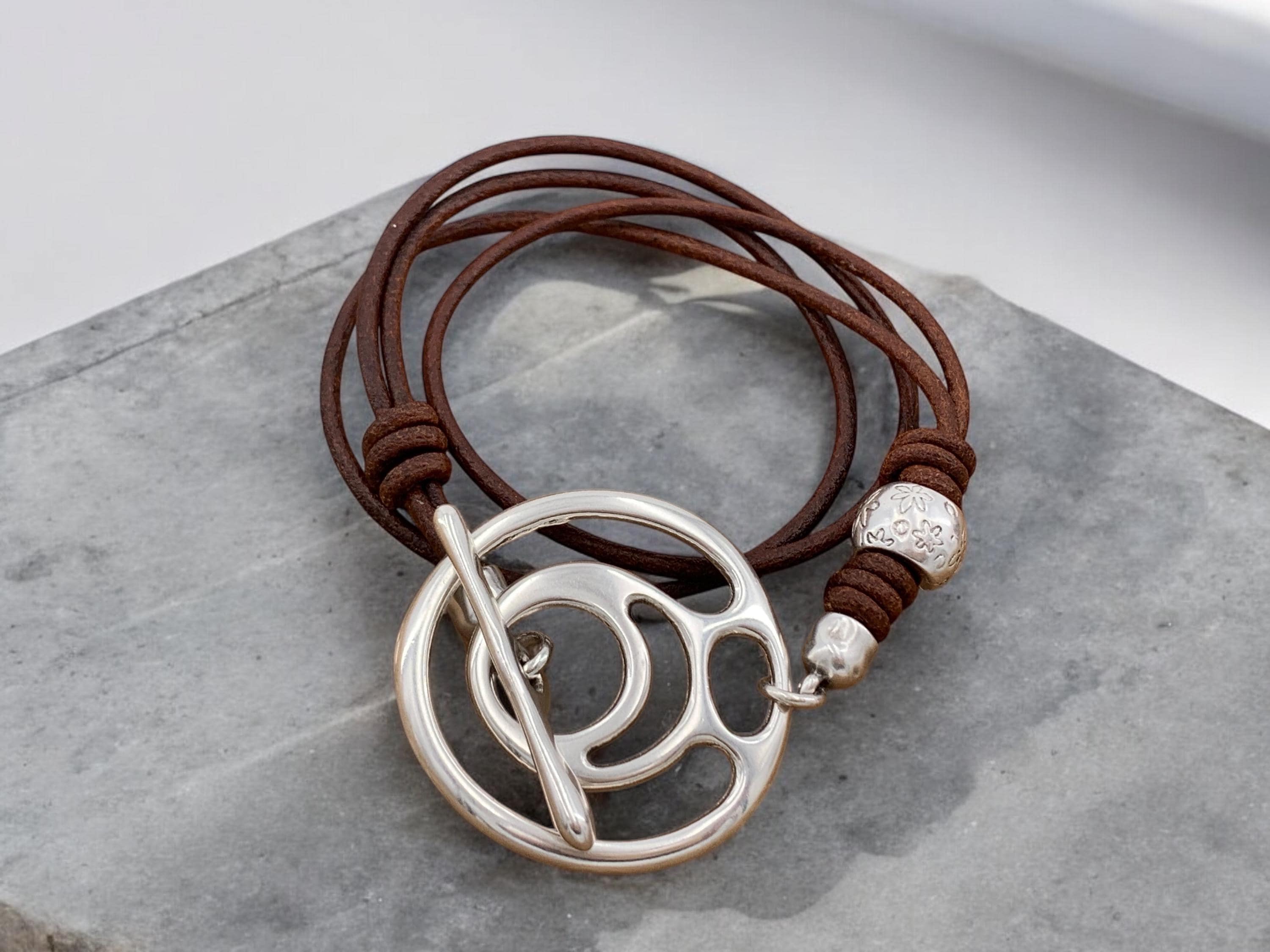 Artisian Multi-Strand Leather Wrap Bracelet with Silver plated Toggle Clasp, Boho Ethnic Style