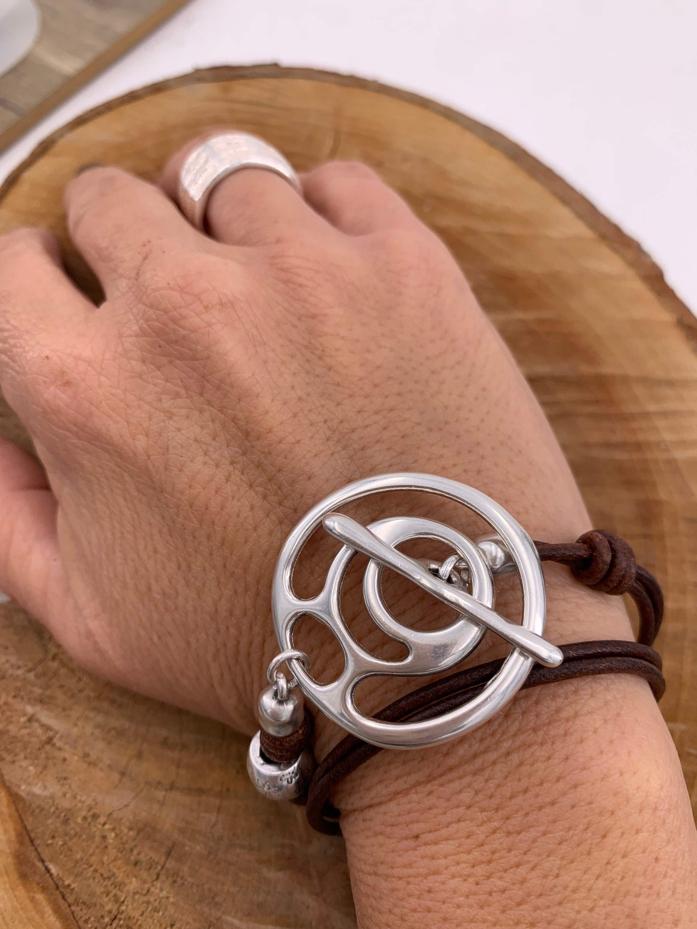Artisian Multi-Strand Leather Wrap Bracelet with Silver plated Toggle Clasp, Boho Ethnic Style