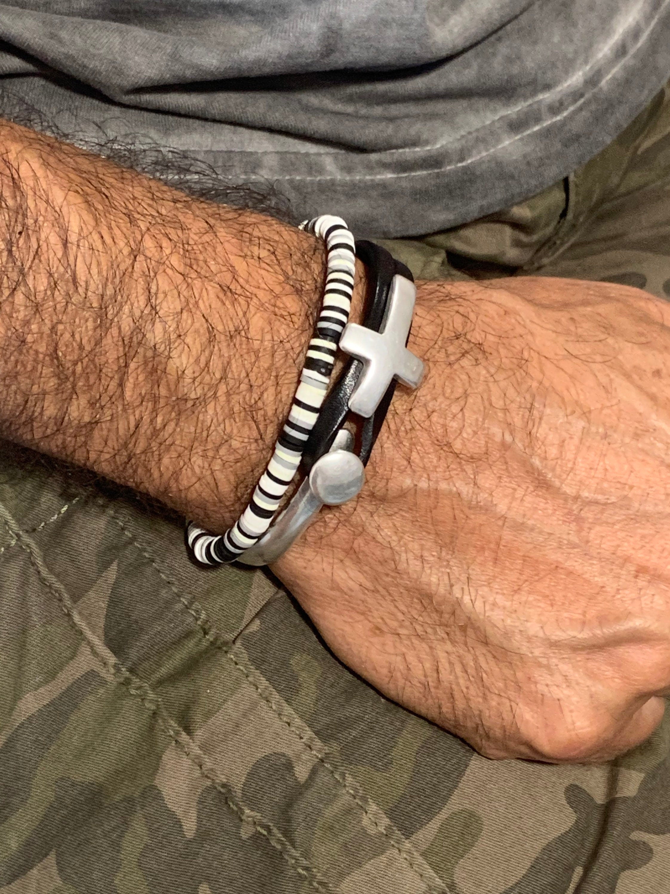 Unisex leather half cuff bracelet with silver plated cross, handmade custom jewelry