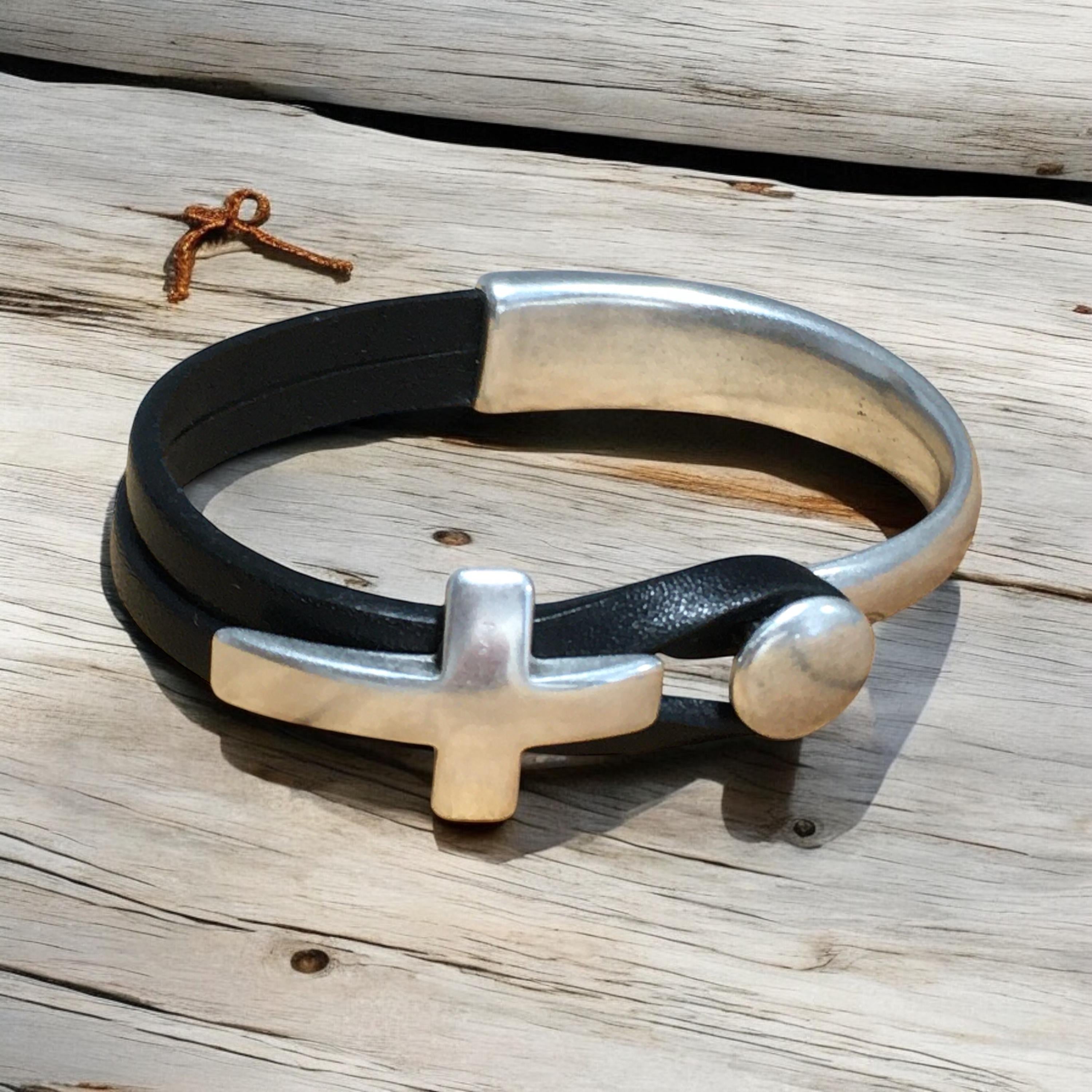 Unisex leather half cuff bracelet with silver plated cross, handmade custom jewelry