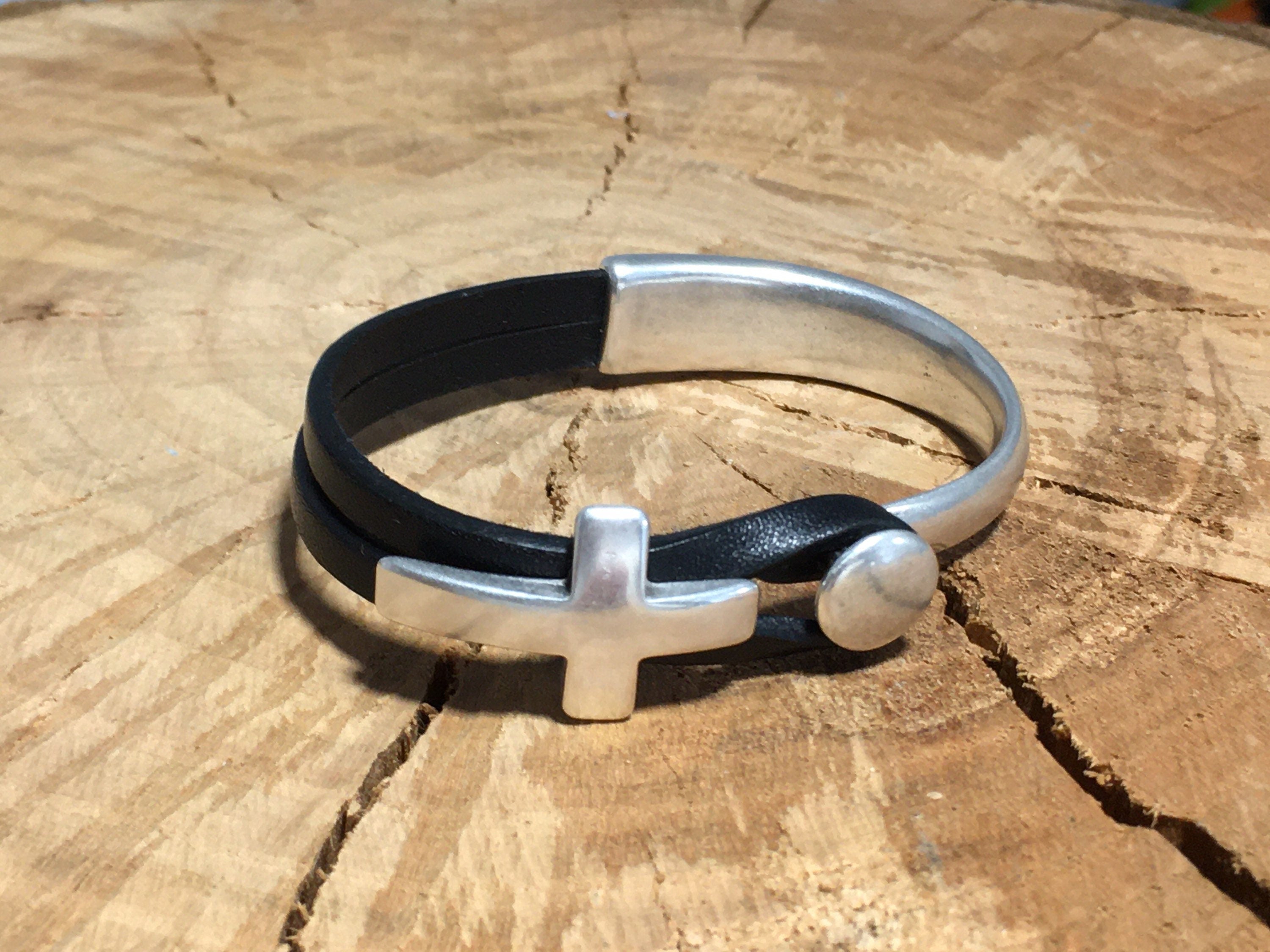 Unisex leather half cuff bracelet with silver plated cross, handmade custom jewelry