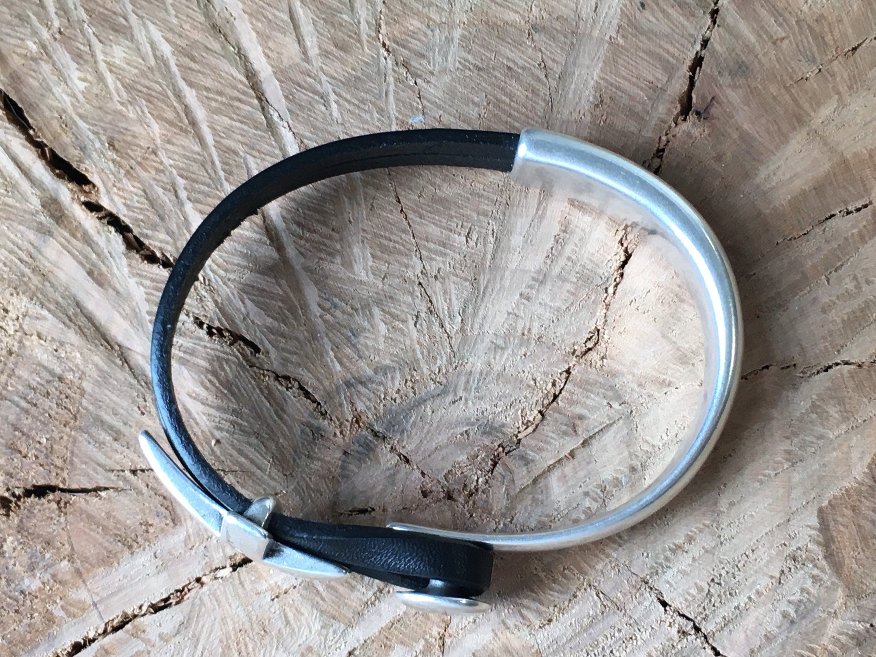Unisex leather half cuff bracelet with silver plated cross, handmade custom jewelry