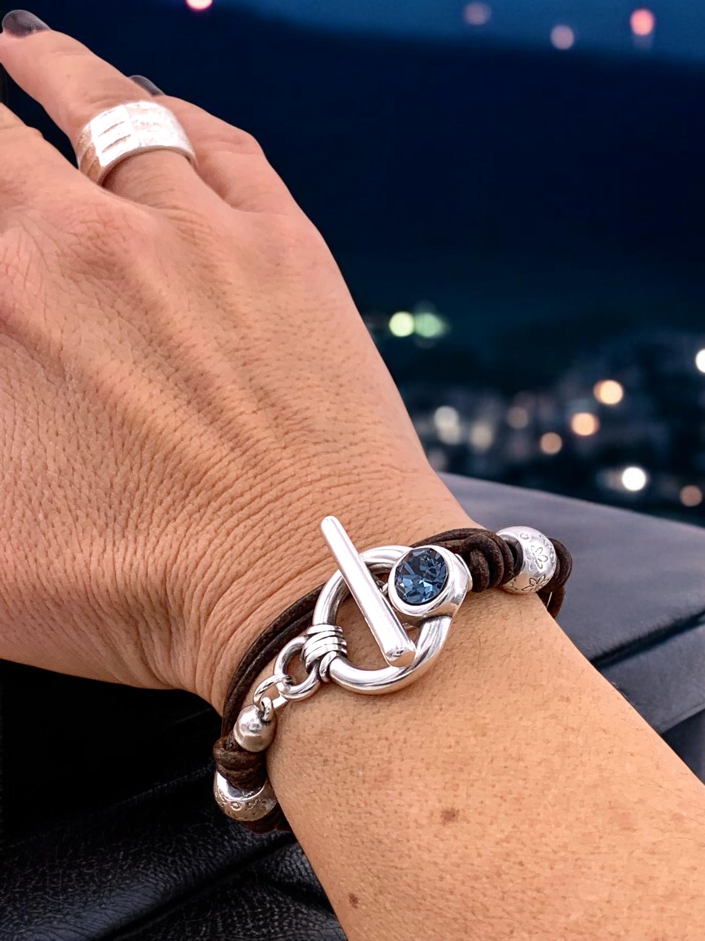 Boho-style leather bracelet with Swarovski accents and toggle clasp. Custom fit. Kukuri Jewelry.