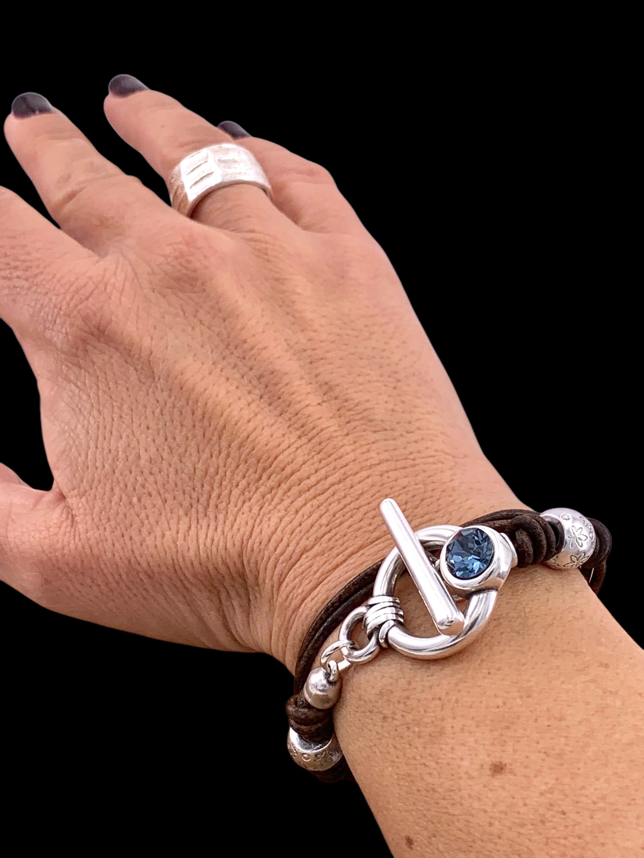 Boho-style leather bracelet with Swarovski accents and toggle clasp. Custom fit. Kukuri Jewelry.