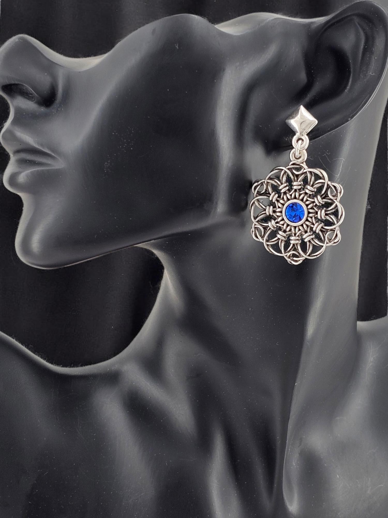 Silver plated Mandala Earrings with Blue Swarovski Crystal, Bohemian Jewelry