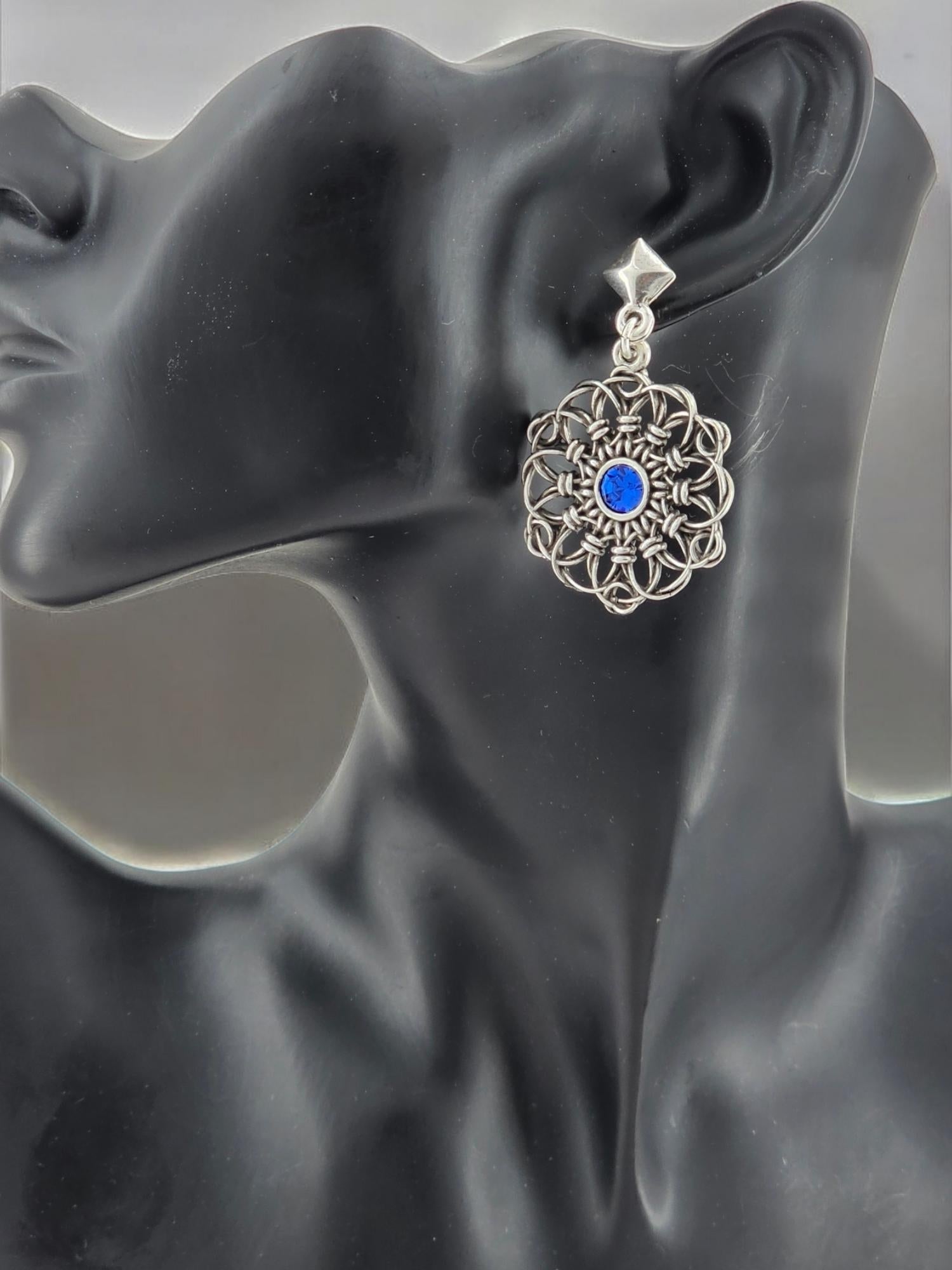 Silver plated Mandala Earrings with Blue Swarovski Crystal, Bohemian Jewelry