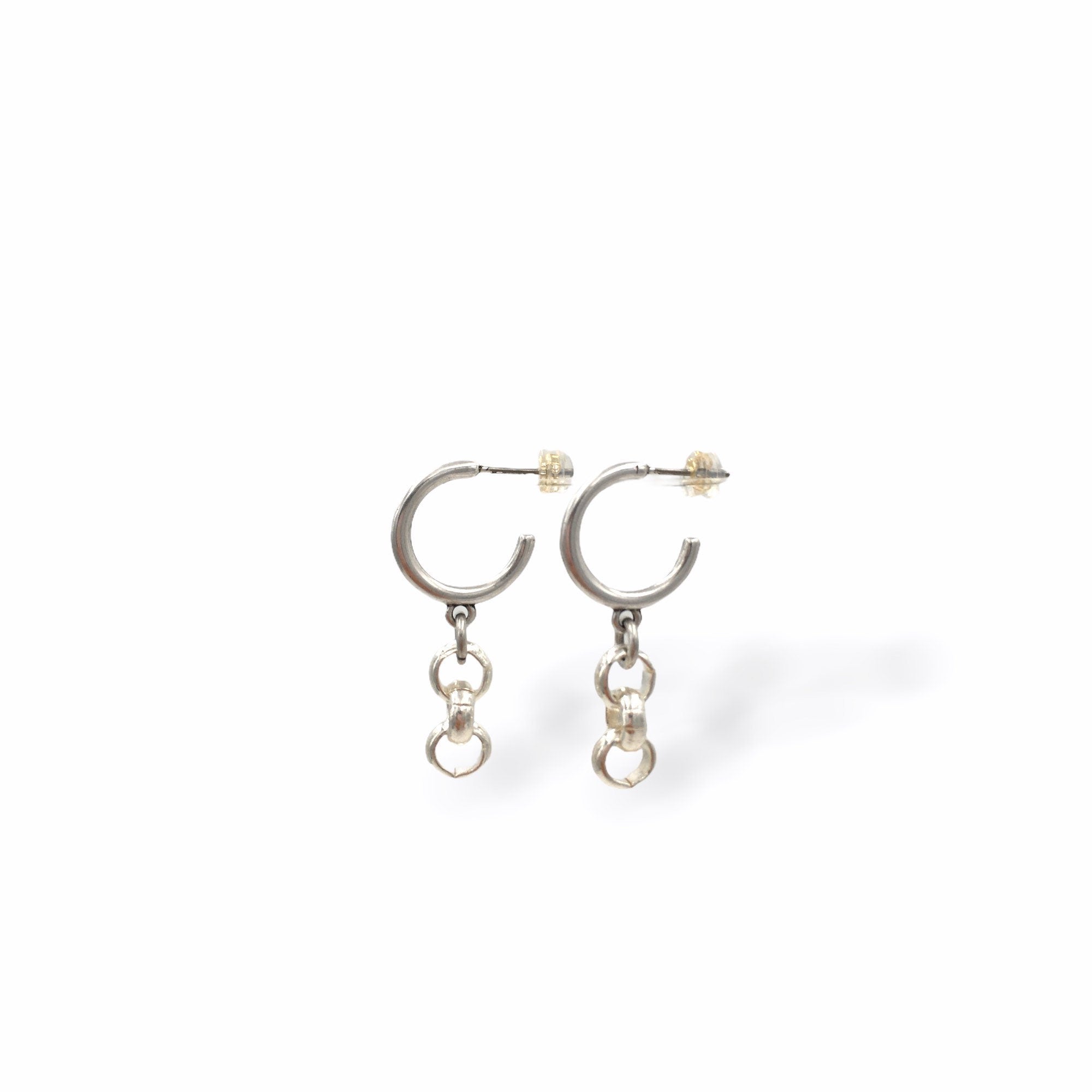 Silver plated Hoop Earrings with Dangling Chain, Sculptural custom Hoops, Handmade Modern Drop Earrings