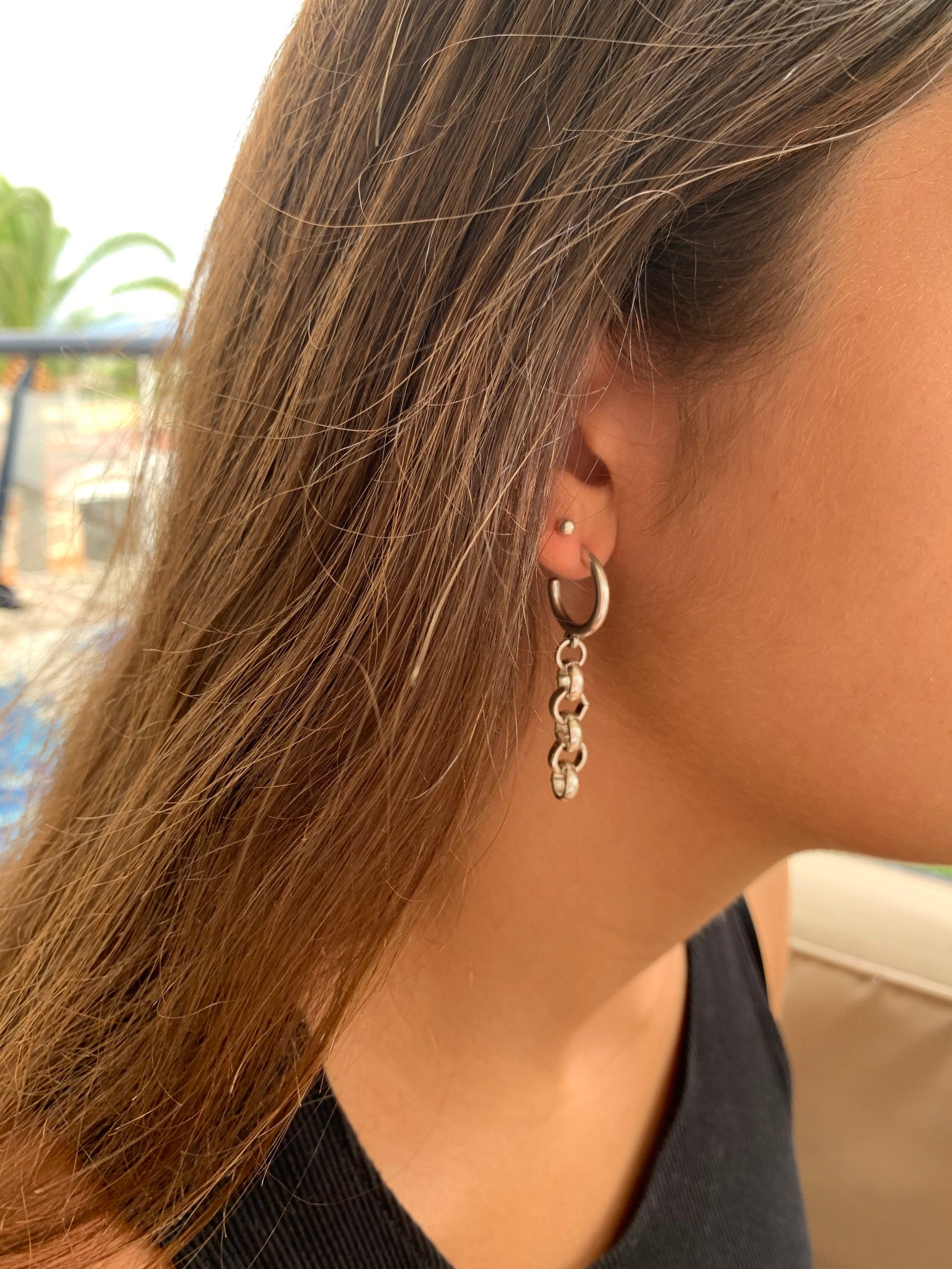 Silver plated Hoop Earrings with Dangling Chain, Sculptural custom Hoops, Handmade Modern Drop Earrings