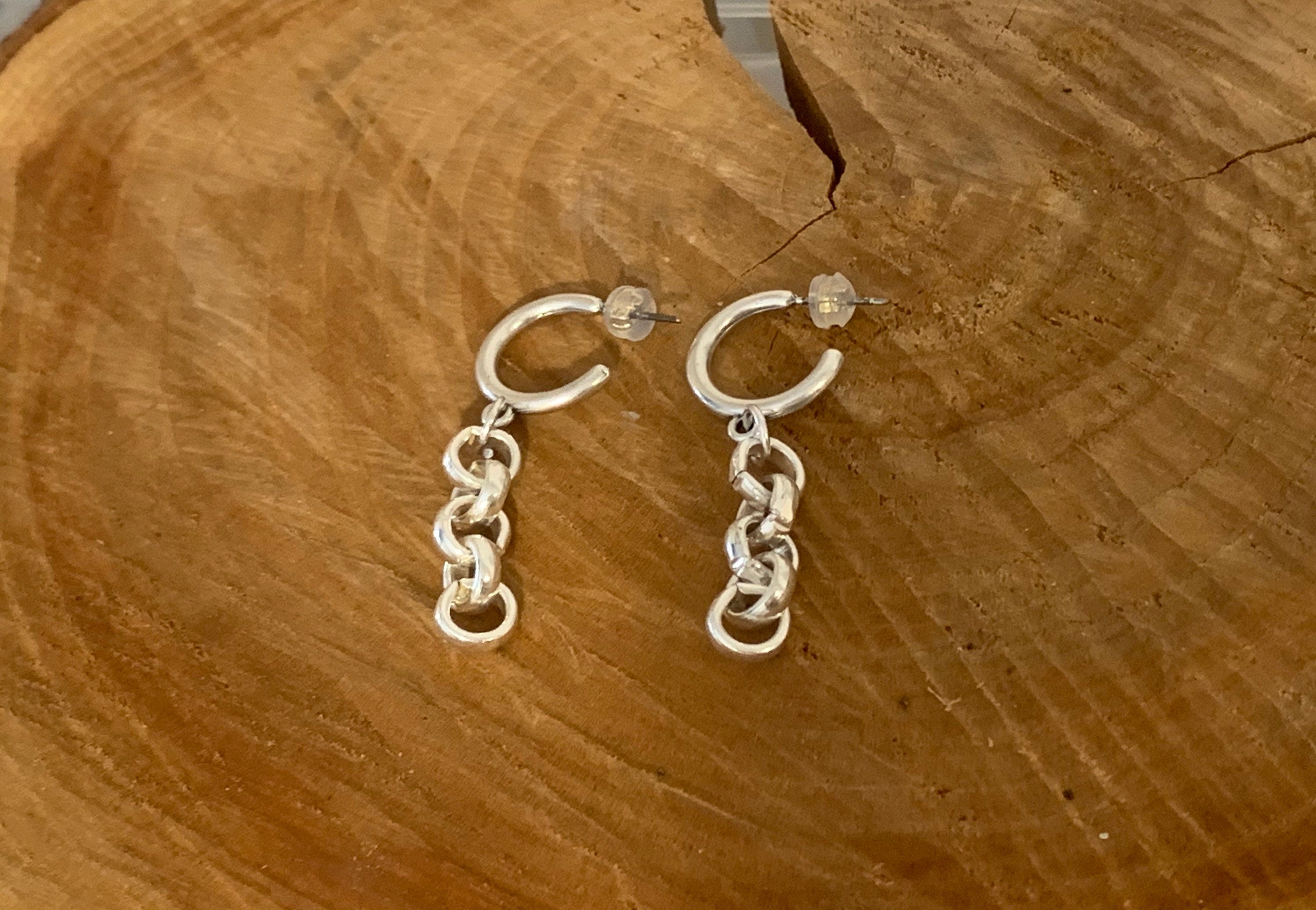 Silver plated Hoop Earrings with Dangling Chain, Sculptural custom Hoops, Handmade Modern Drop Earrings