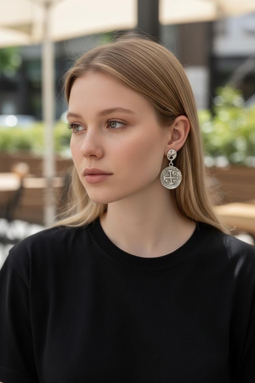 Silver plated drop coin earrings lightweight medieval style statement earrings