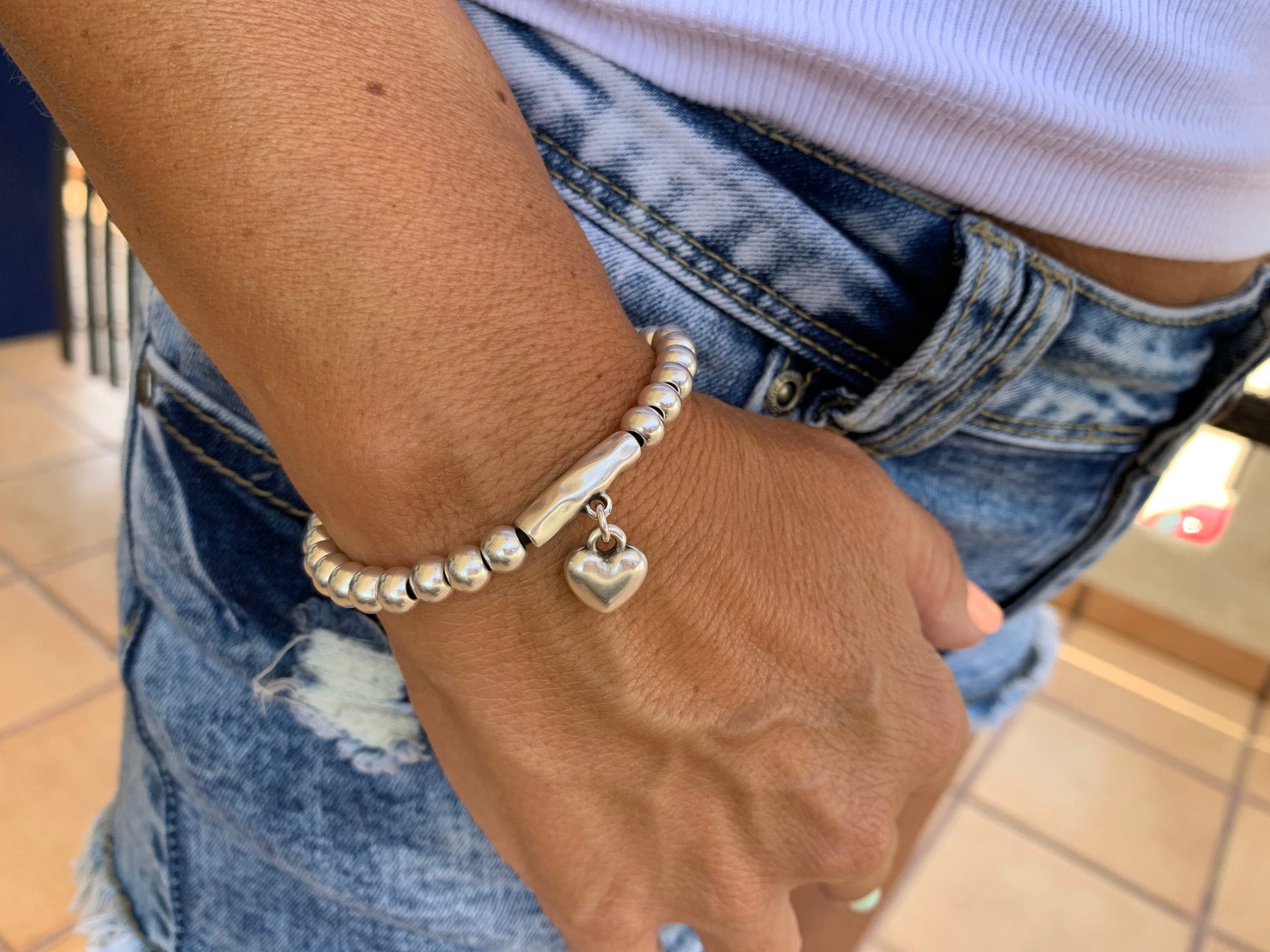 Silver Bracelet with Heart Pendant, Beaded & Leather Ibiza Bohemian Style, Gift for Her