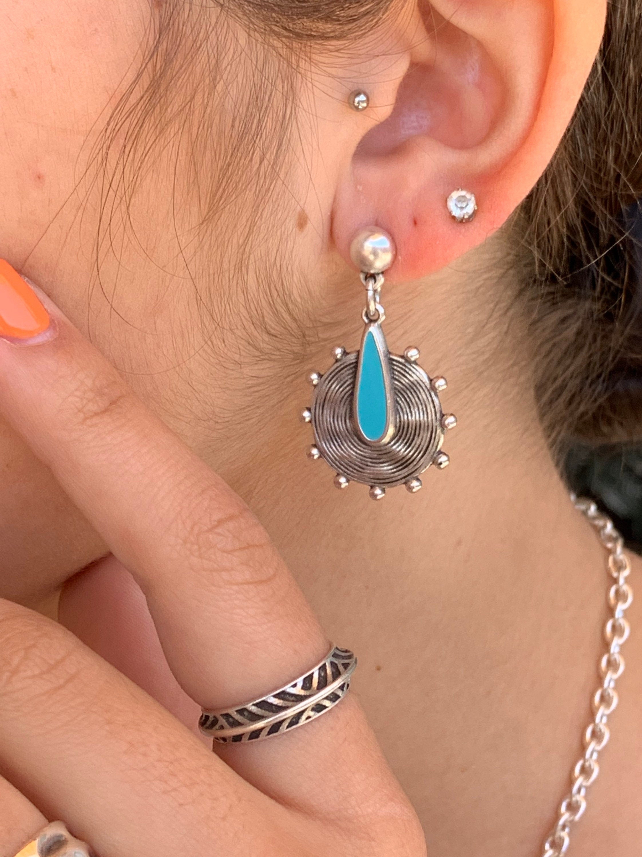 Bohemian Turkish silver dropped engraved earring
