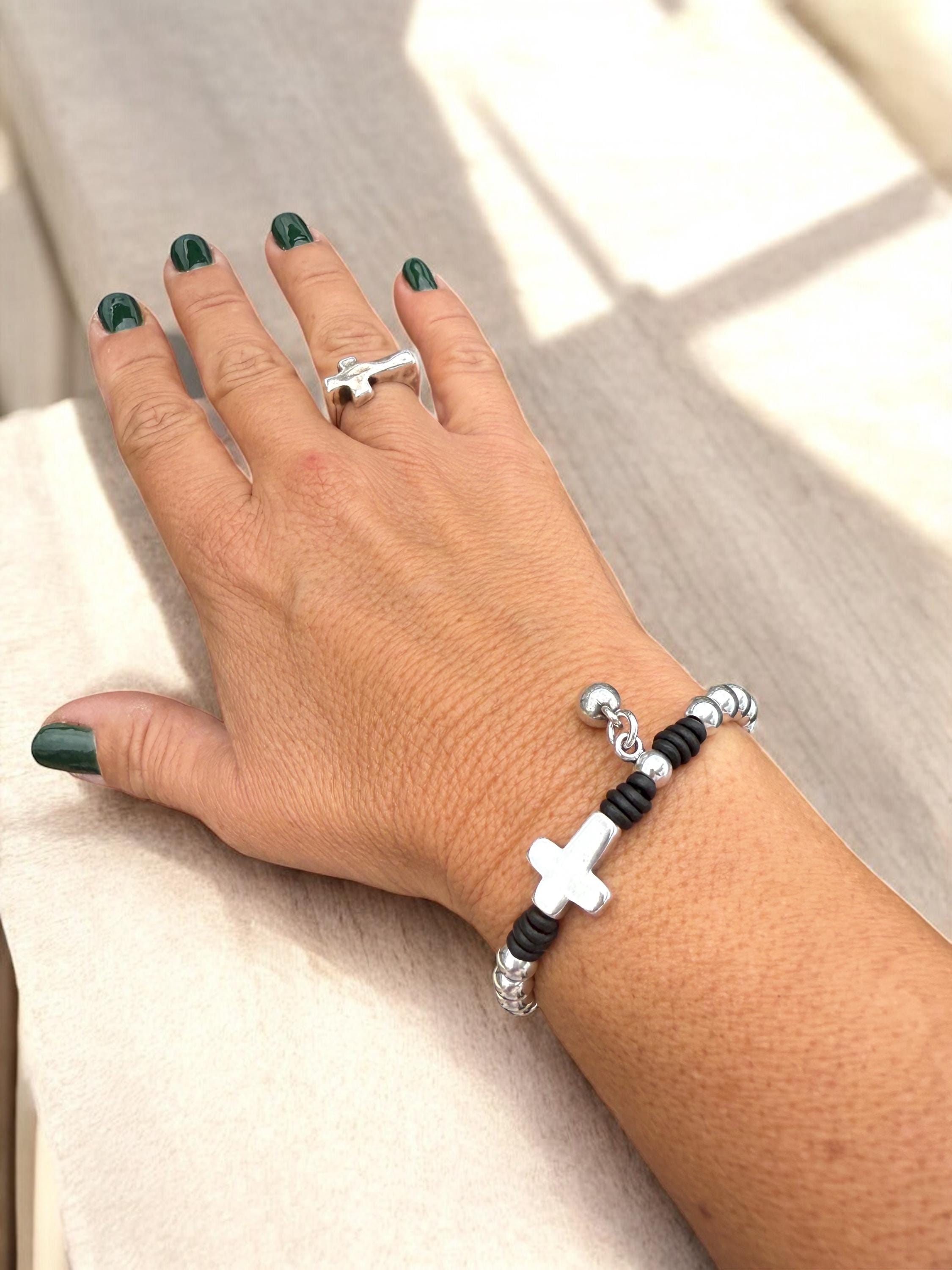 Silver cross central piece handmade beaded leather bracelet - boho jewelry