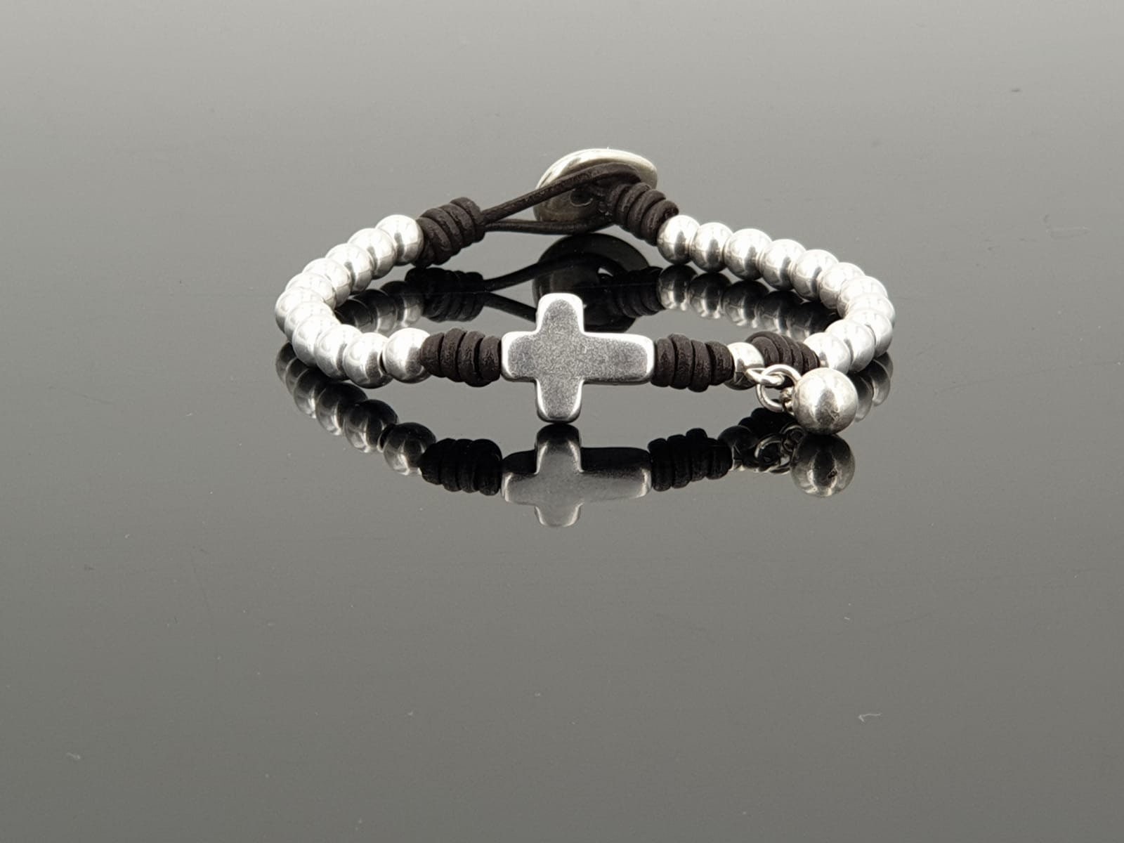 Silver cross central piece handmade beaded leather bracelet - boho jewelry