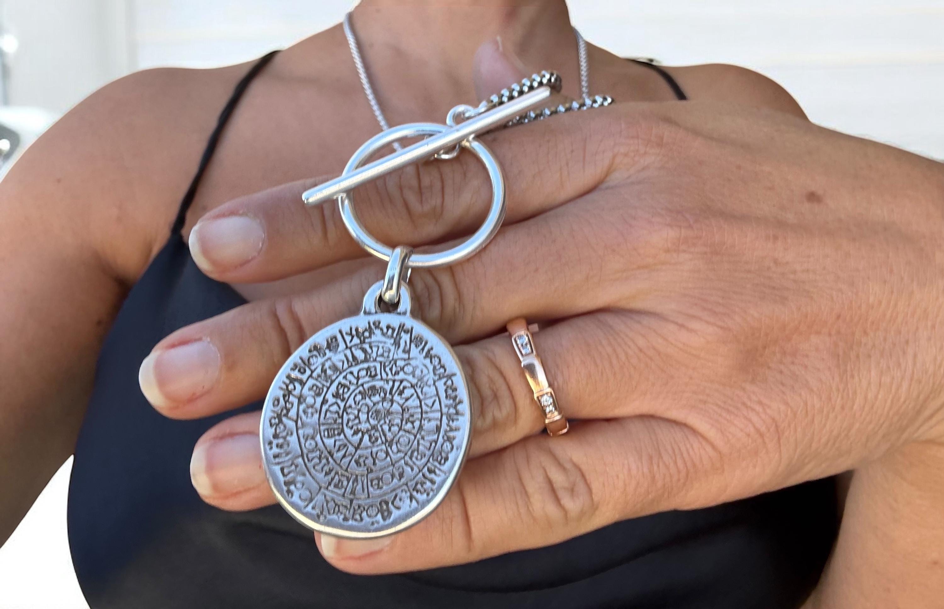 Artisian Long Toggle clasp stainless steel Necklace with Symbolic bold engrave Circular Pendant