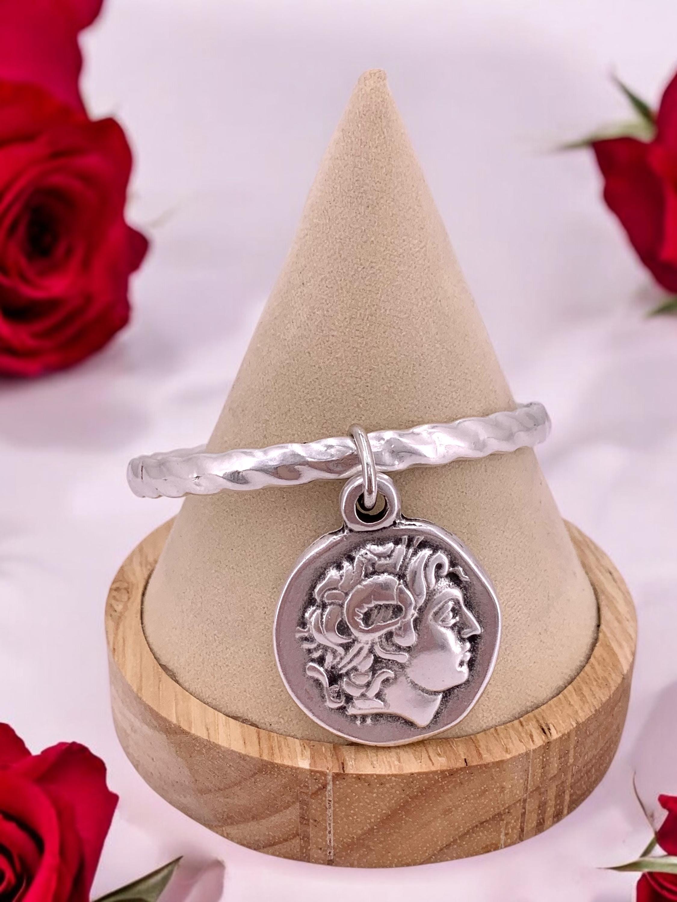 Antique Silver plated Greek Coin pendant Bangle, Stackable Cuff Bracelet, Handmade Kukuri Jewelry