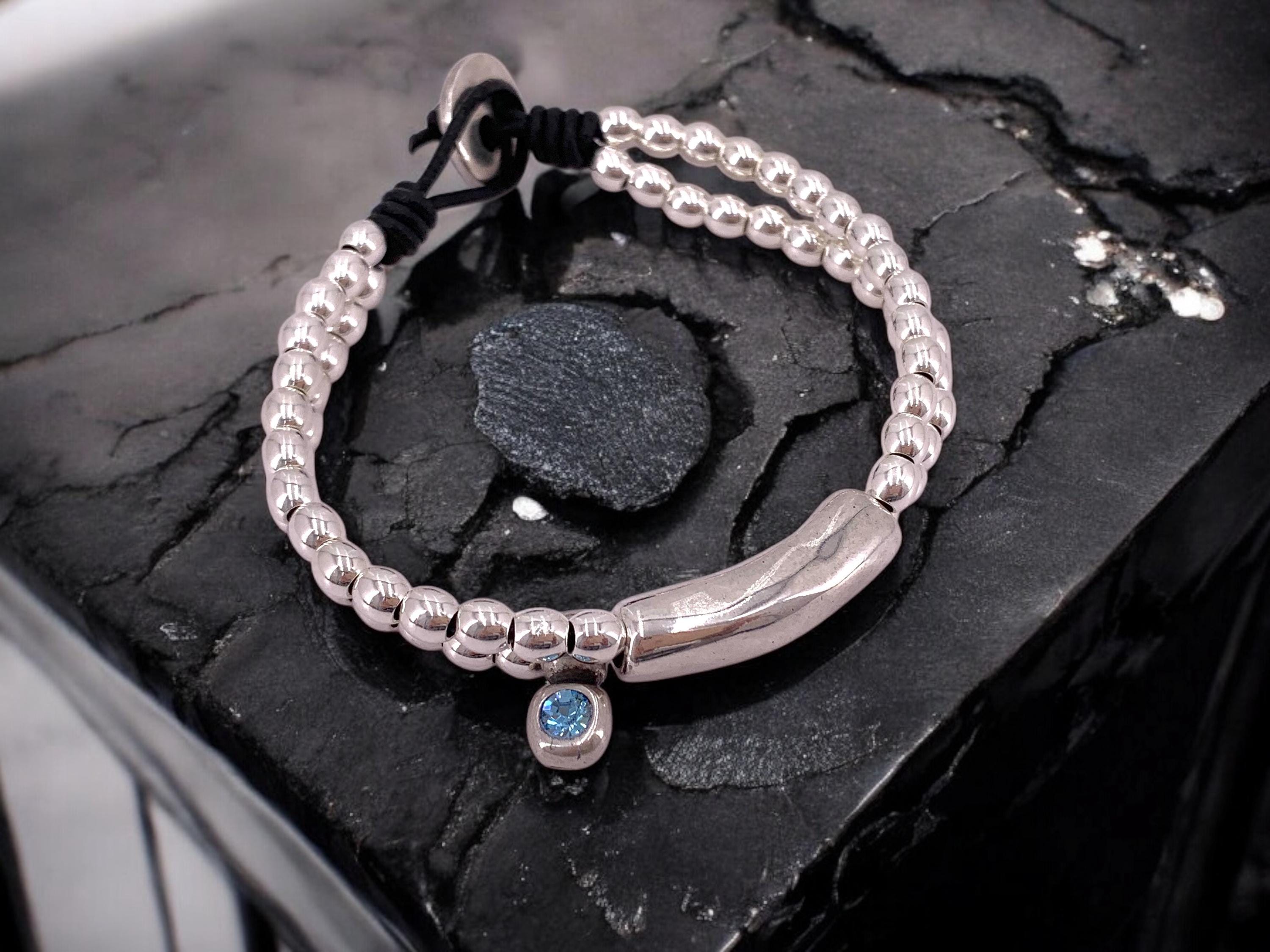 Boho Leather beaded Bracelet – Swarovski Crystal Charm – Silver Beads & Tube – Handmade Kukuri Jewelry