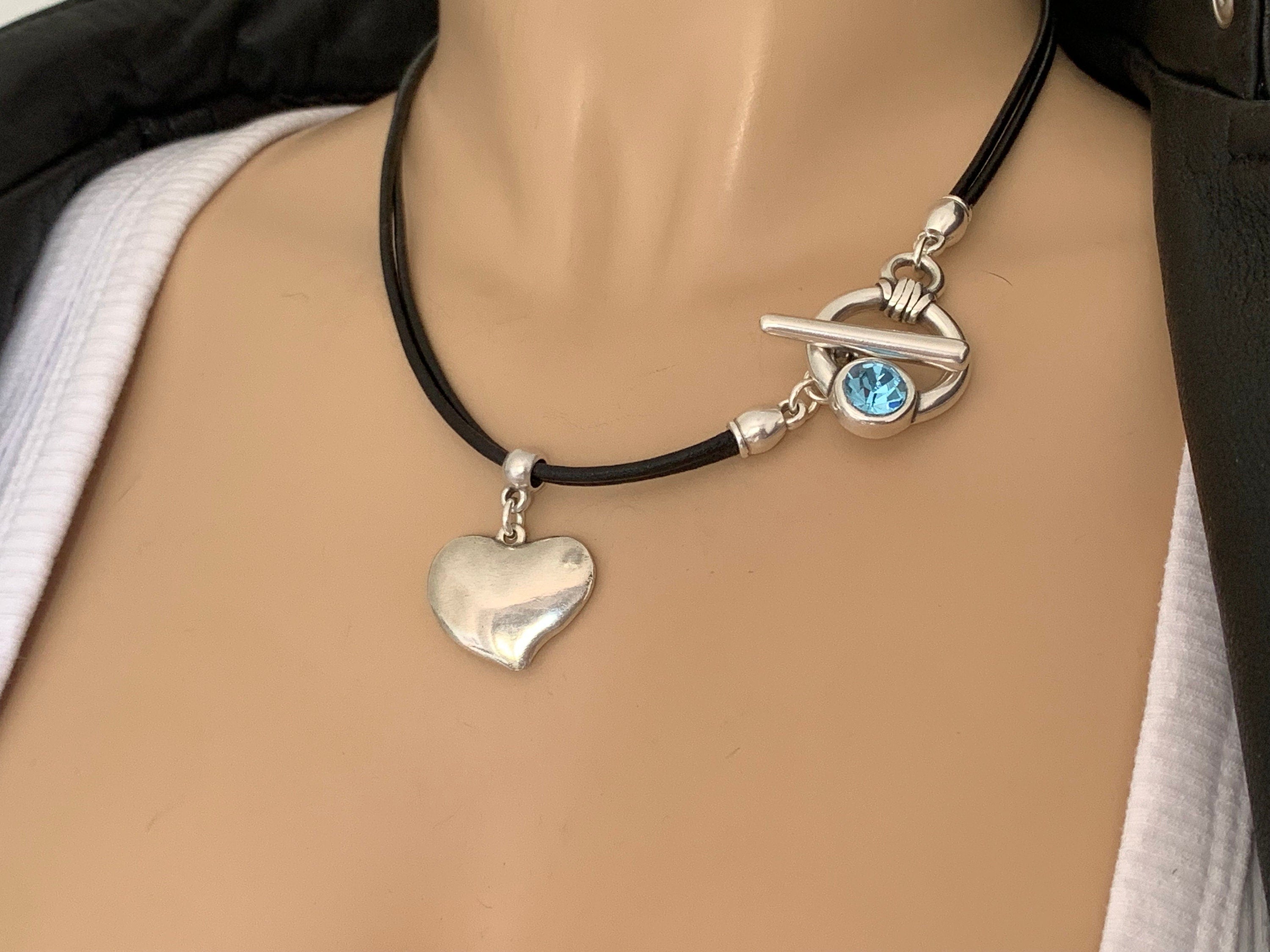Heart Pendant Leather Necklace, Silver Toggle Clasp with Swarovski Crystal, Bohemian style