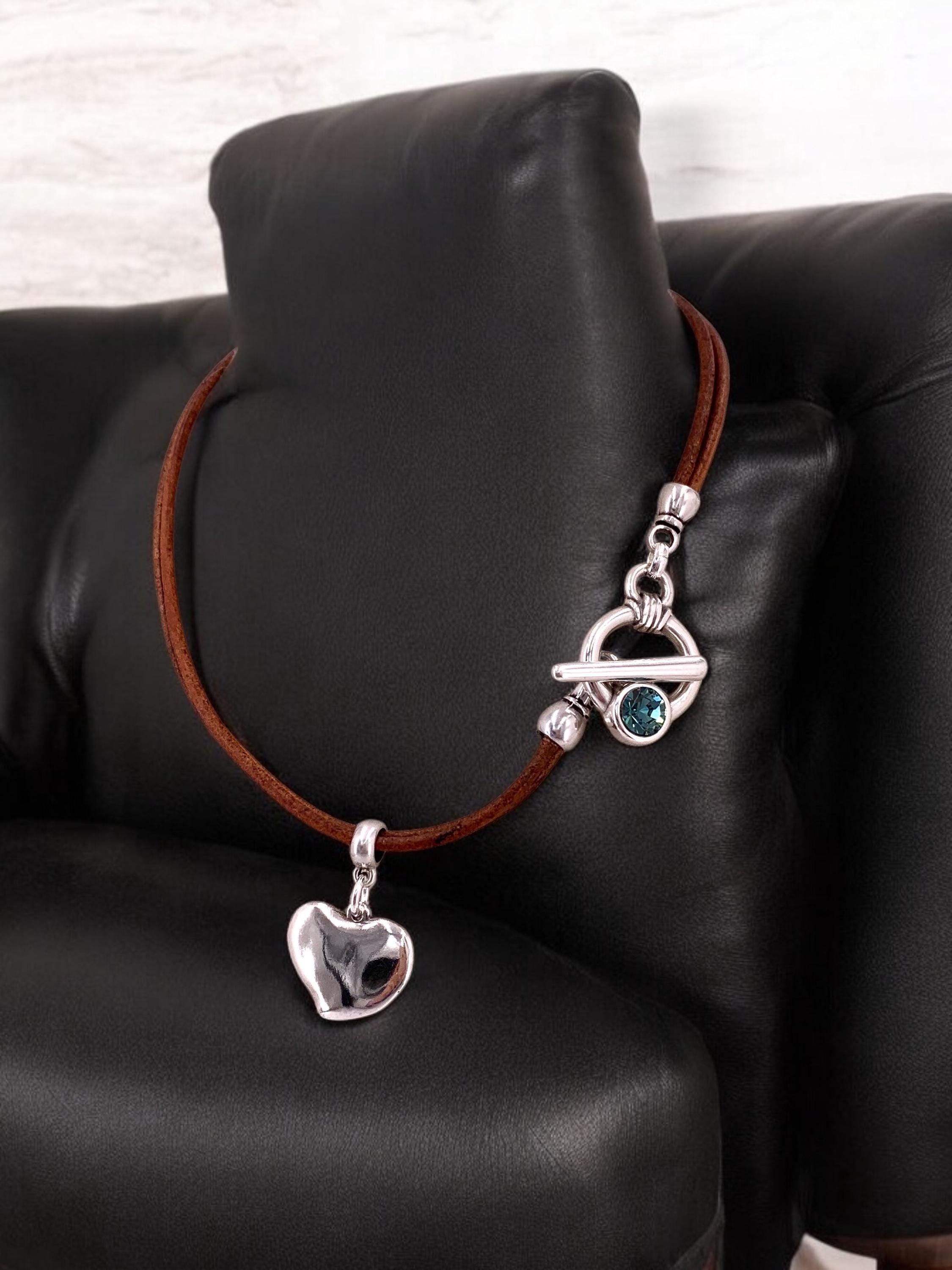 Heart Pendant Leather Necklace, Silver Toggle Clasp with Swarovski Crystal, Bohemian style