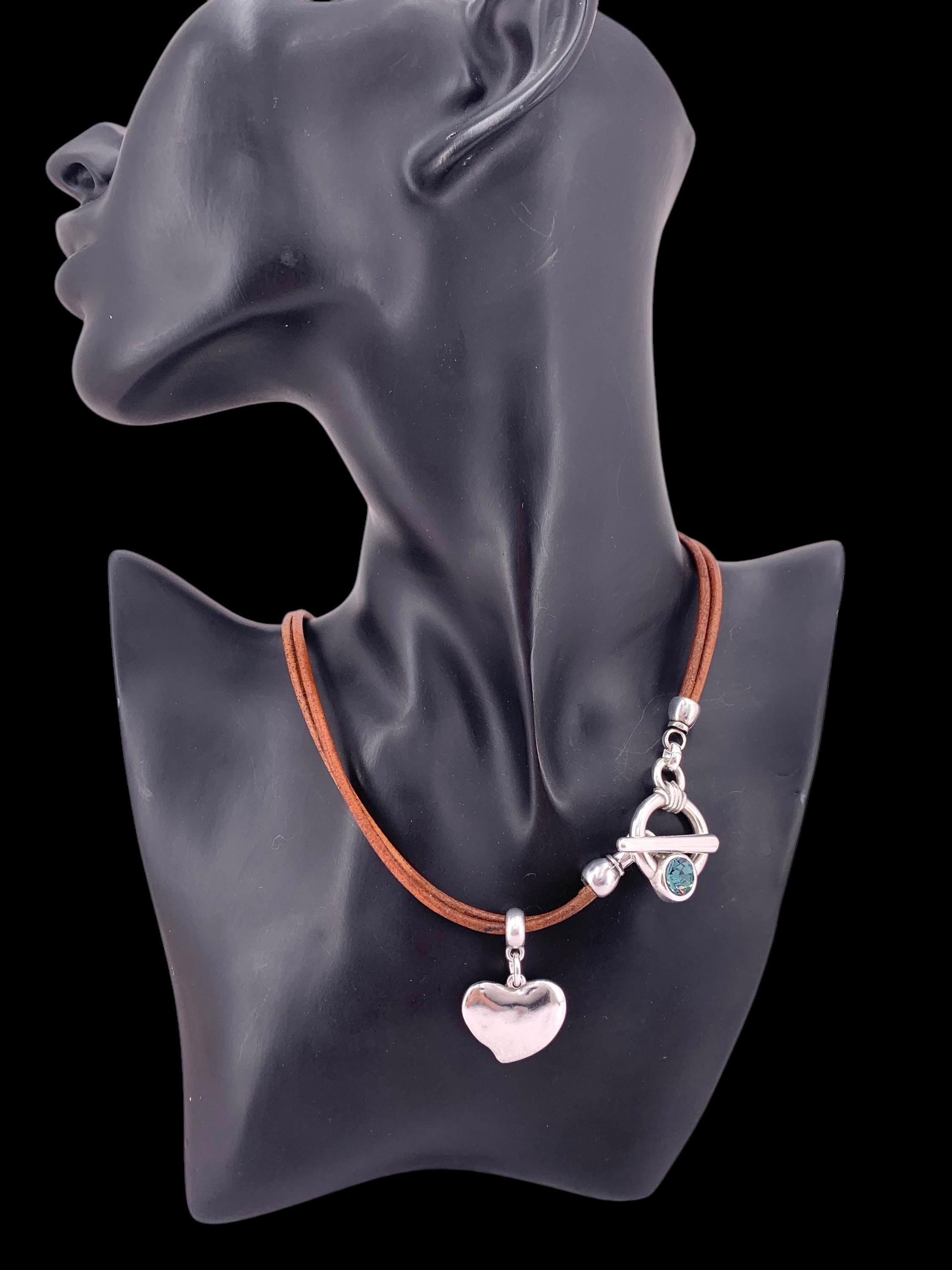 Heart Pendant Leather Necklace, Silver Toggle Clasp with Swarovski Crystal, Bohemian style