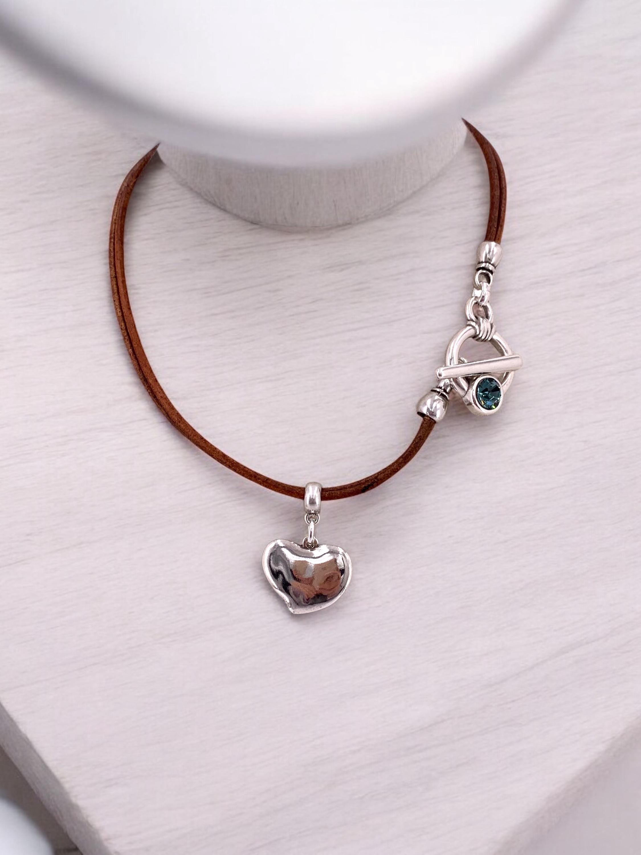 Heart Pendant Leather Necklace, Silver Toggle Clasp with Swarovski Crystal, Bohemian style