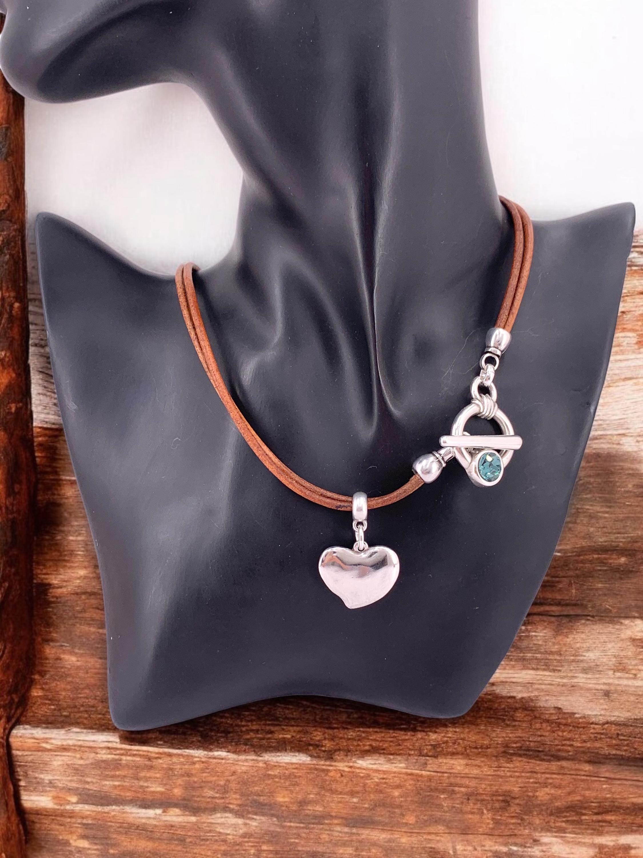 Heart Pendant Leather Necklace, Silver Toggle Clasp with Swarovski Crystal, Bohemian style