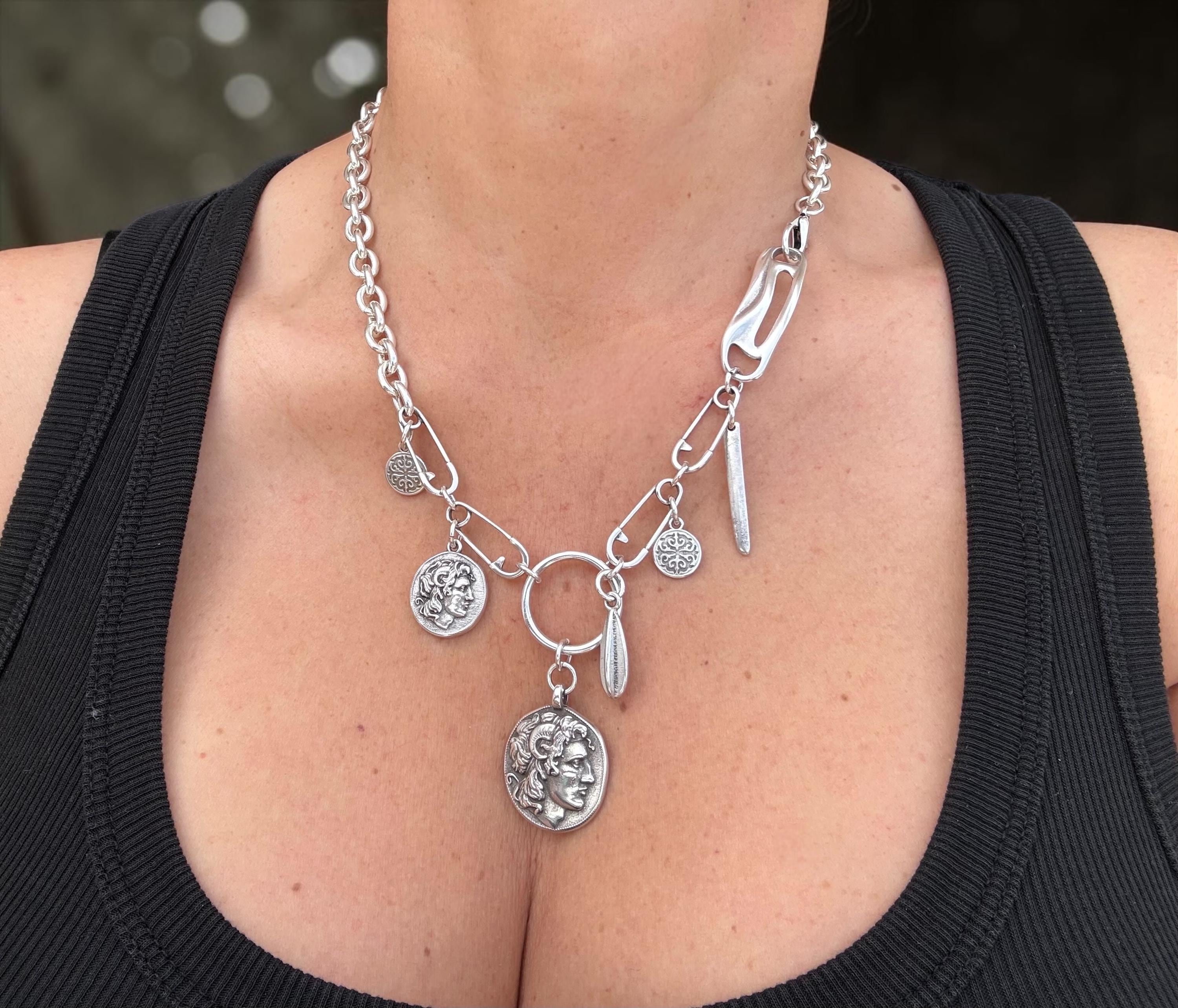 Chunky Silver Plated Chain Necklace with Greek Coin Pendant, Charms Necklace