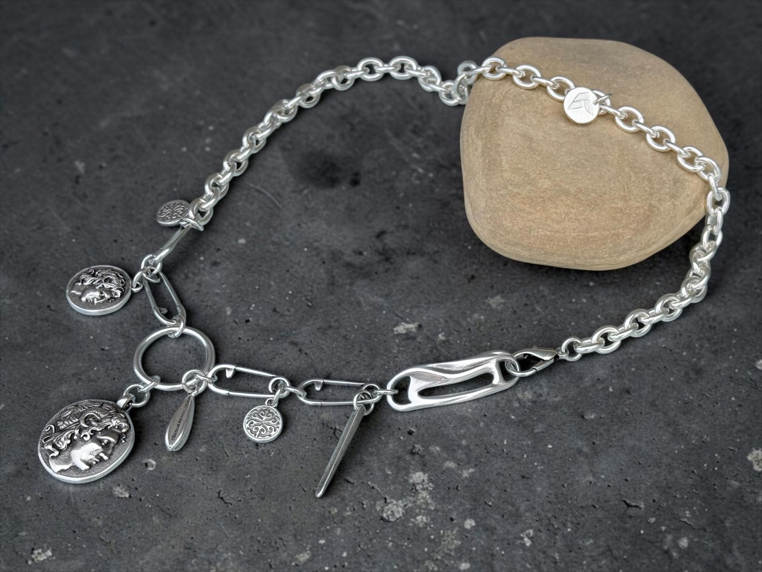 Chunky Silver Plated Chain Necklace with Greek Coin Pendant, Charms Necklace