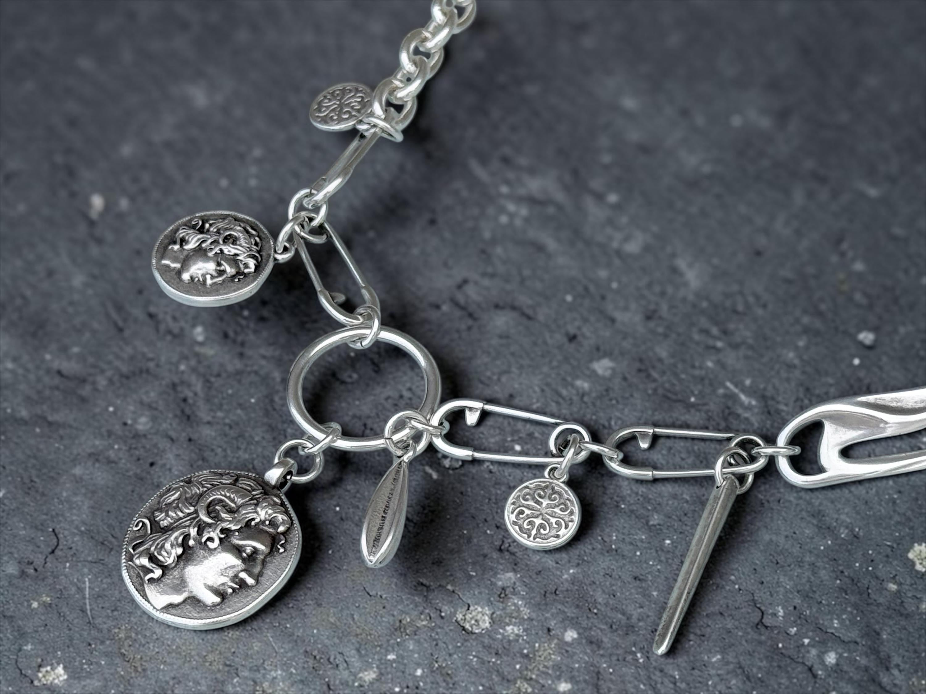 Chunky Silver Plated Chain Necklace with Greek Coin Pendant, Charms Necklace