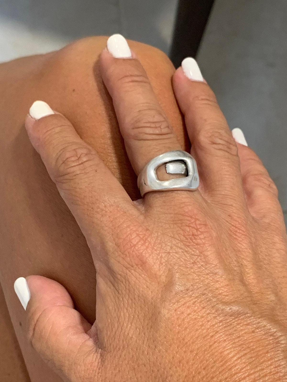 Bold, chunky, silver adjustable ring—perfect for birthdays. statement jewelry, a stylish silver gift for a friend or mom. on trend