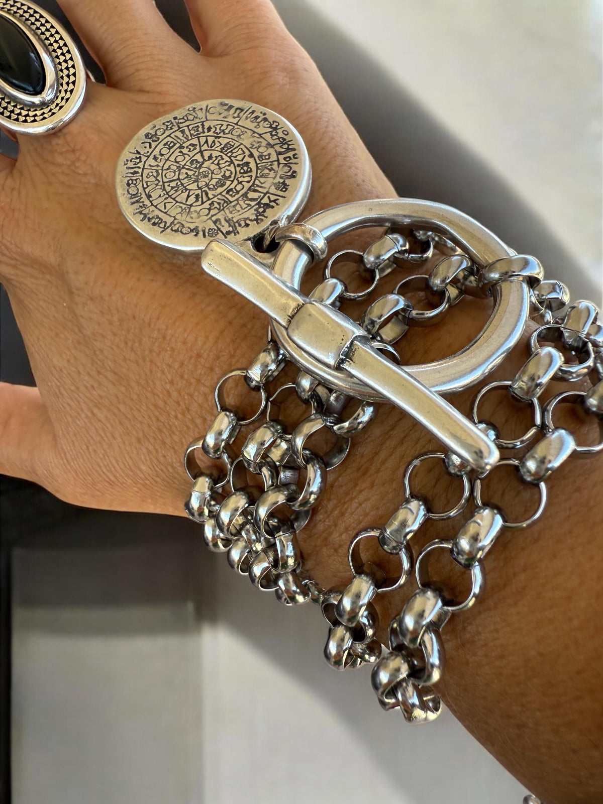 Convertible Statement Bracelet–Necklace with Engraved Amulet and toggle clasp - Black silver jewelry - stainless steel