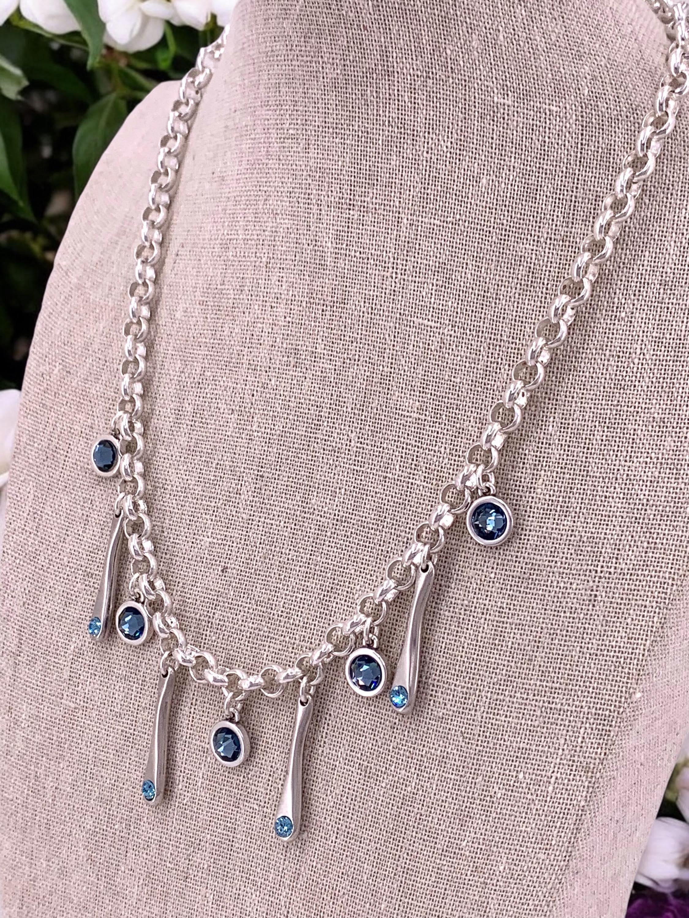 Chunky silver chain necklace – swarovski crystal charms – toggle clasp – handmade statement jewelry – kukuri jewelry