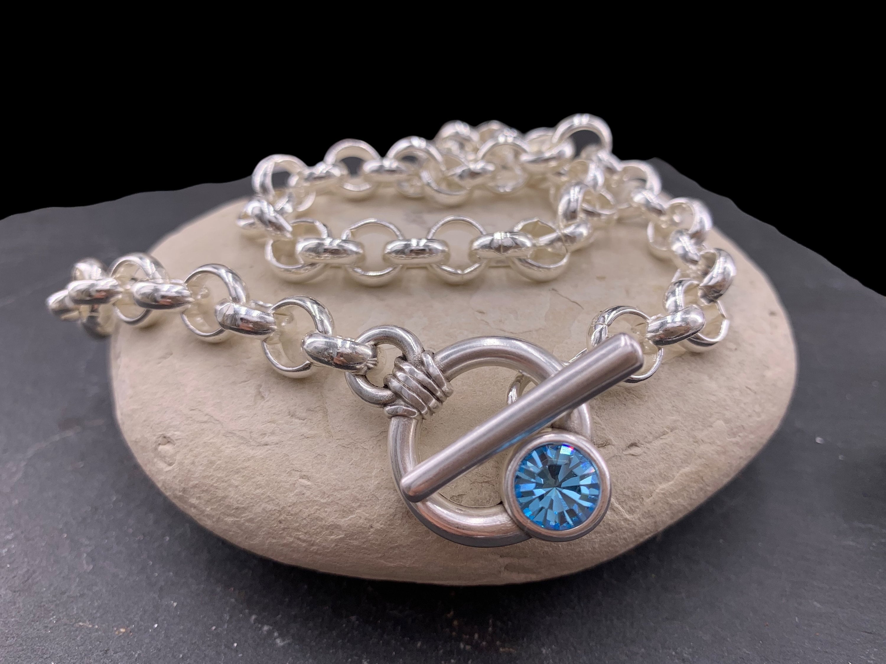 Chunky silver plated rolo chain toggle clasp necklace with Swarovski crystal - custom handmade jewelry