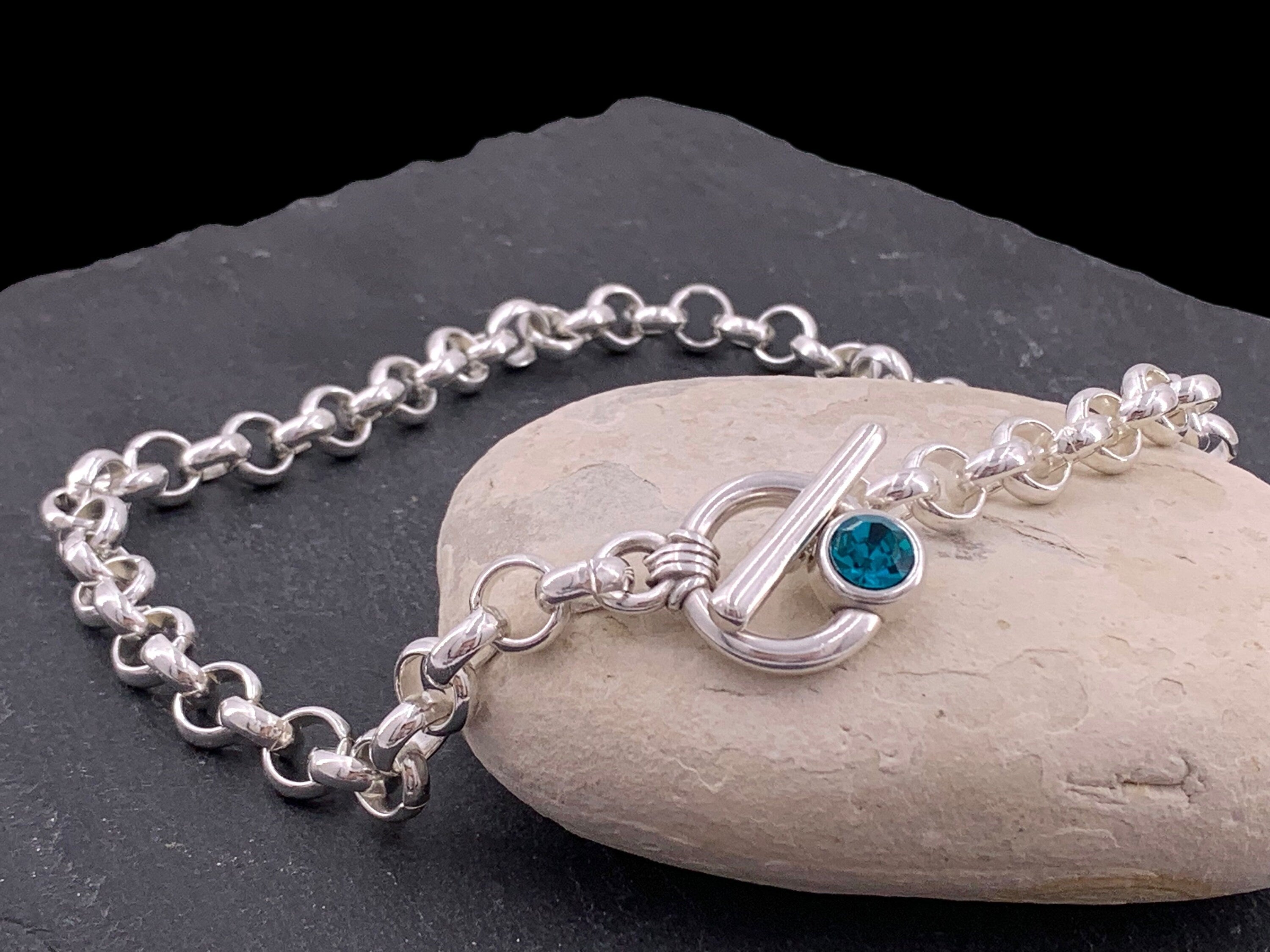 Chunky silver plated rolo chain toggle clasp necklace with Swarovski crystal - custom handmade jewelry