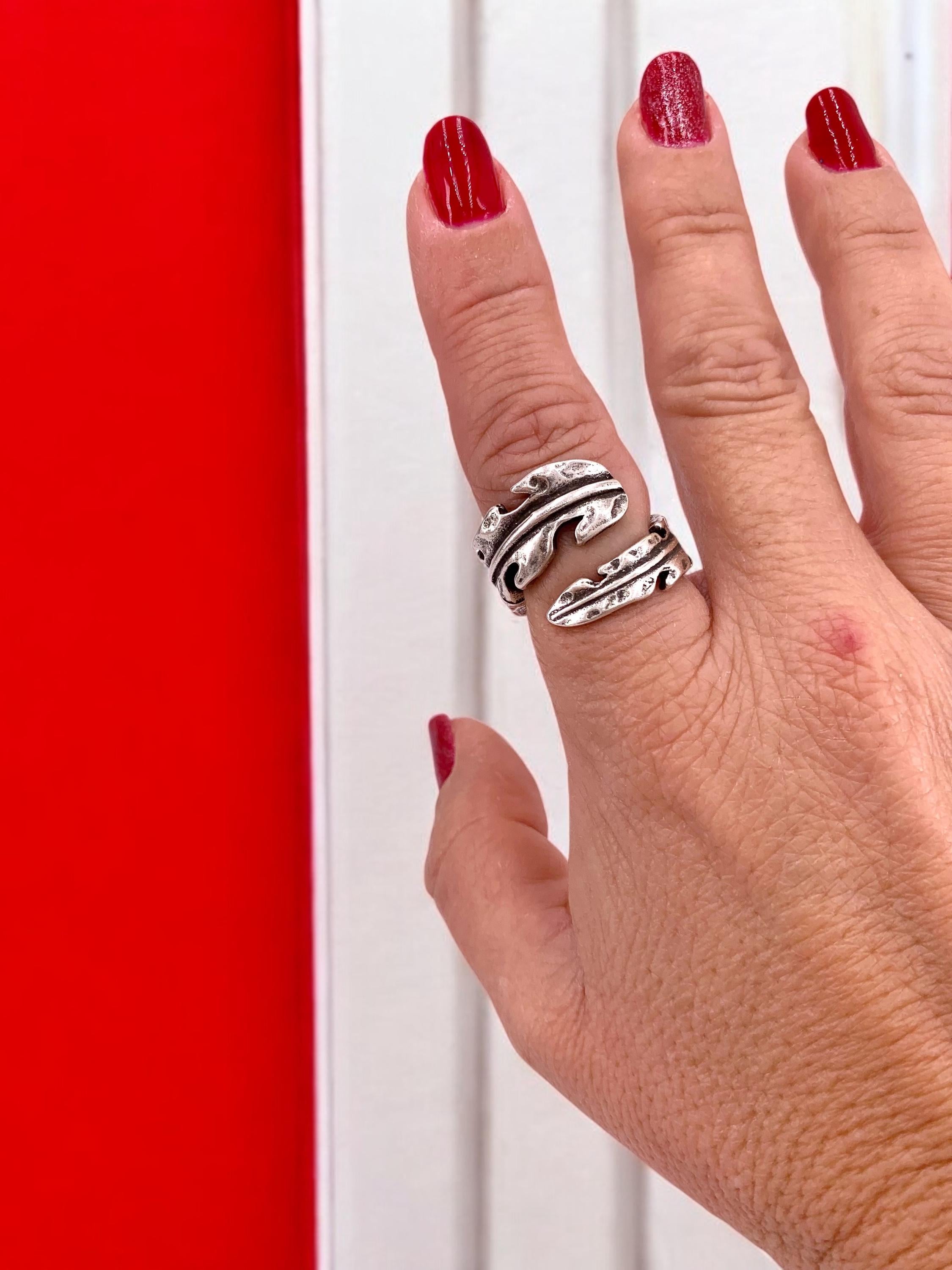 Chunky silver plated wrap leaf shaped ring, open band organic jewelry