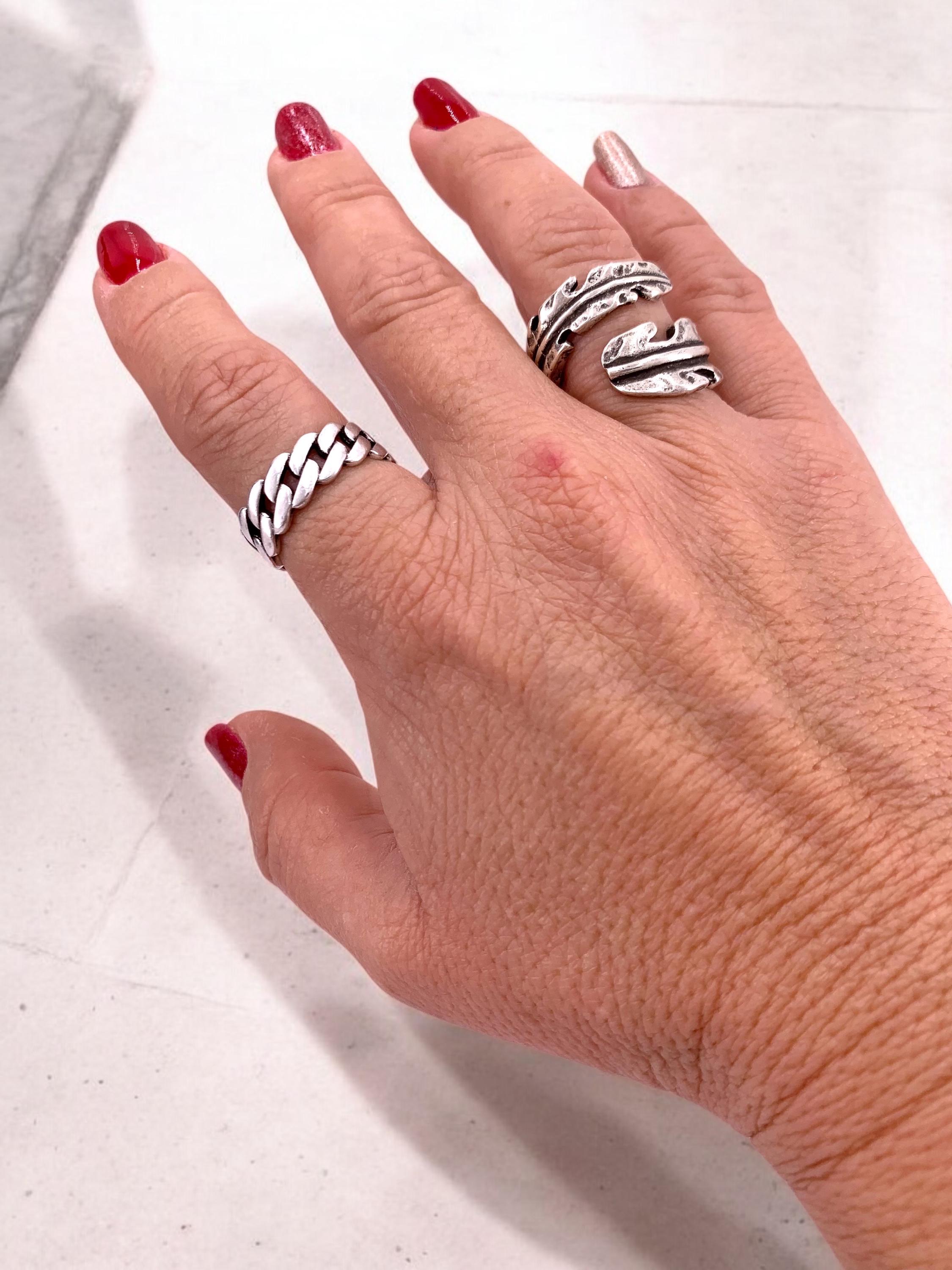 Chunky silver plated wrap leaf shaped ring, open band organic jewelry