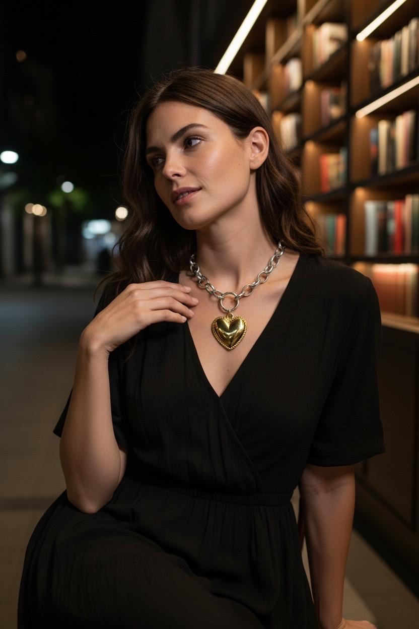 Artisian Sterling Silver Plated Chunky Chain Necklace with Gold Heart Pendant, custom jewelry