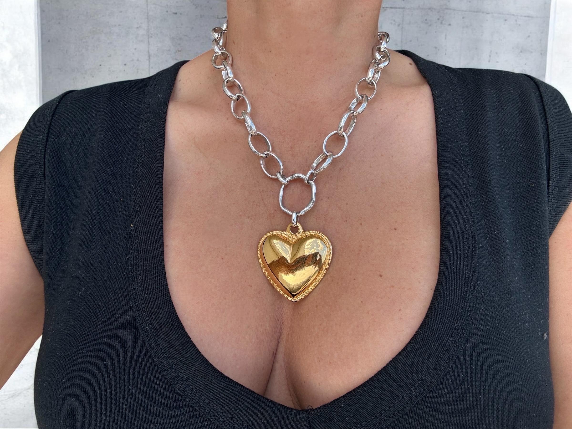 Artisian Sterling Silver Plated Chunky Chain Necklace with Gold Heart Pendant, custom jewelry