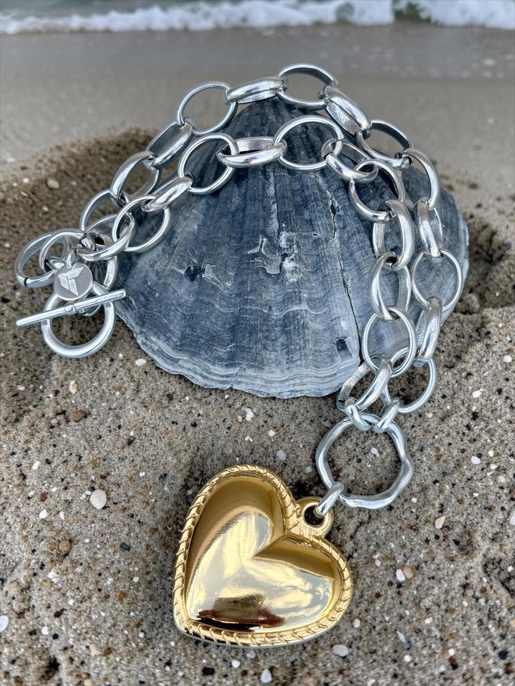 Artisian Sterling Silver Plated Chunky Chain Necklace with Gold Heart Pendant, custom jewelry