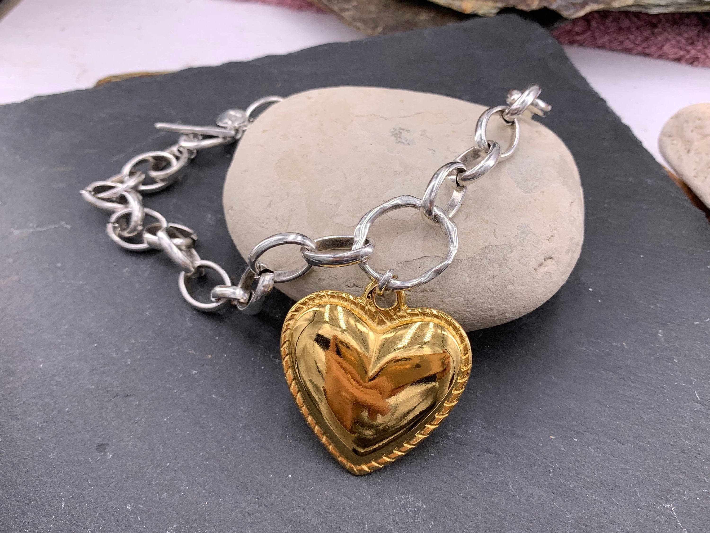 Artisian Sterling Silver Plated Chunky Chain Necklace with Gold Heart Pendant, custom jewelry
