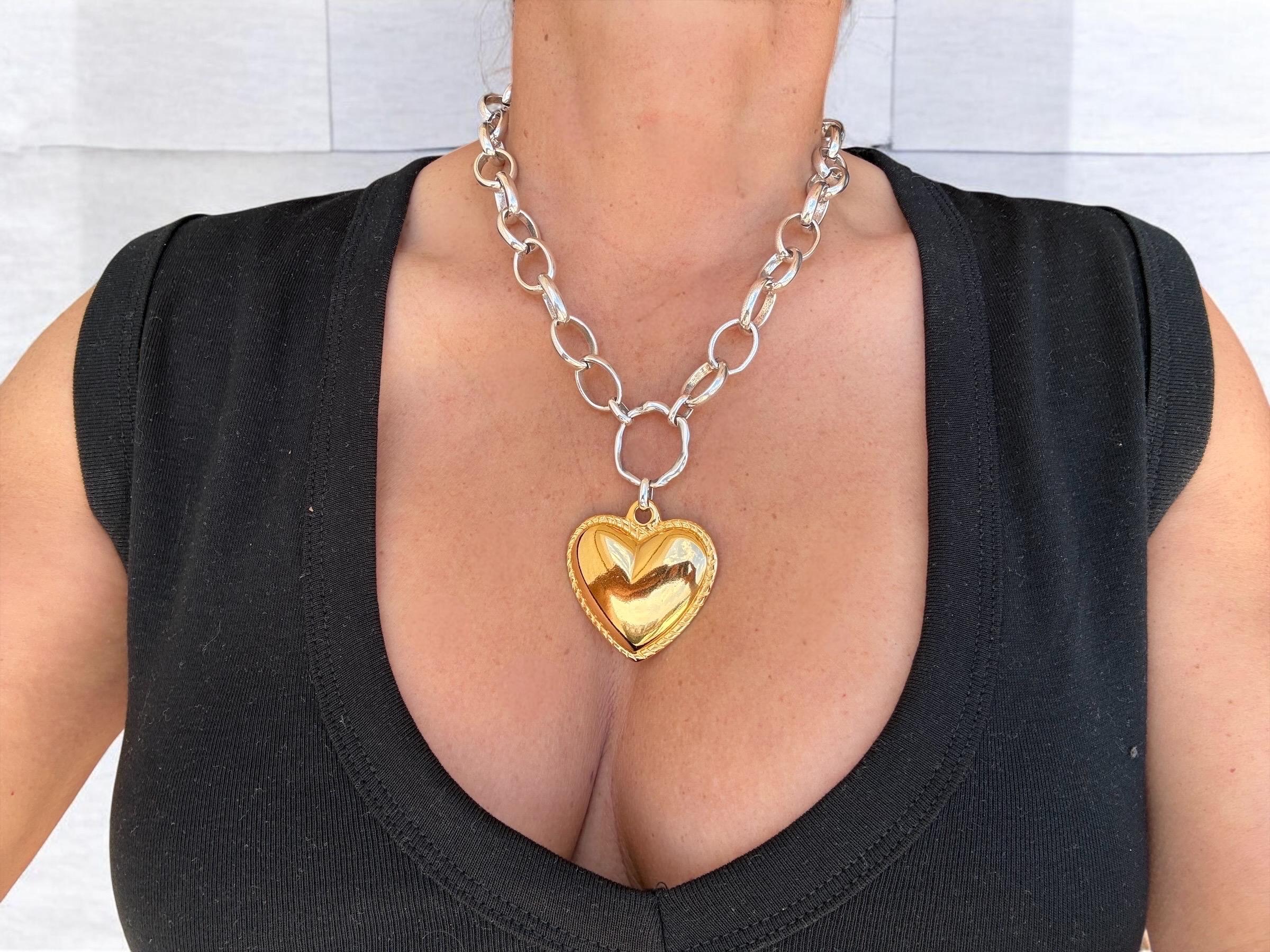 Artisian Sterling Silver Plated Chunky Chain Necklace with Gold Heart Pendant, custom jewelry