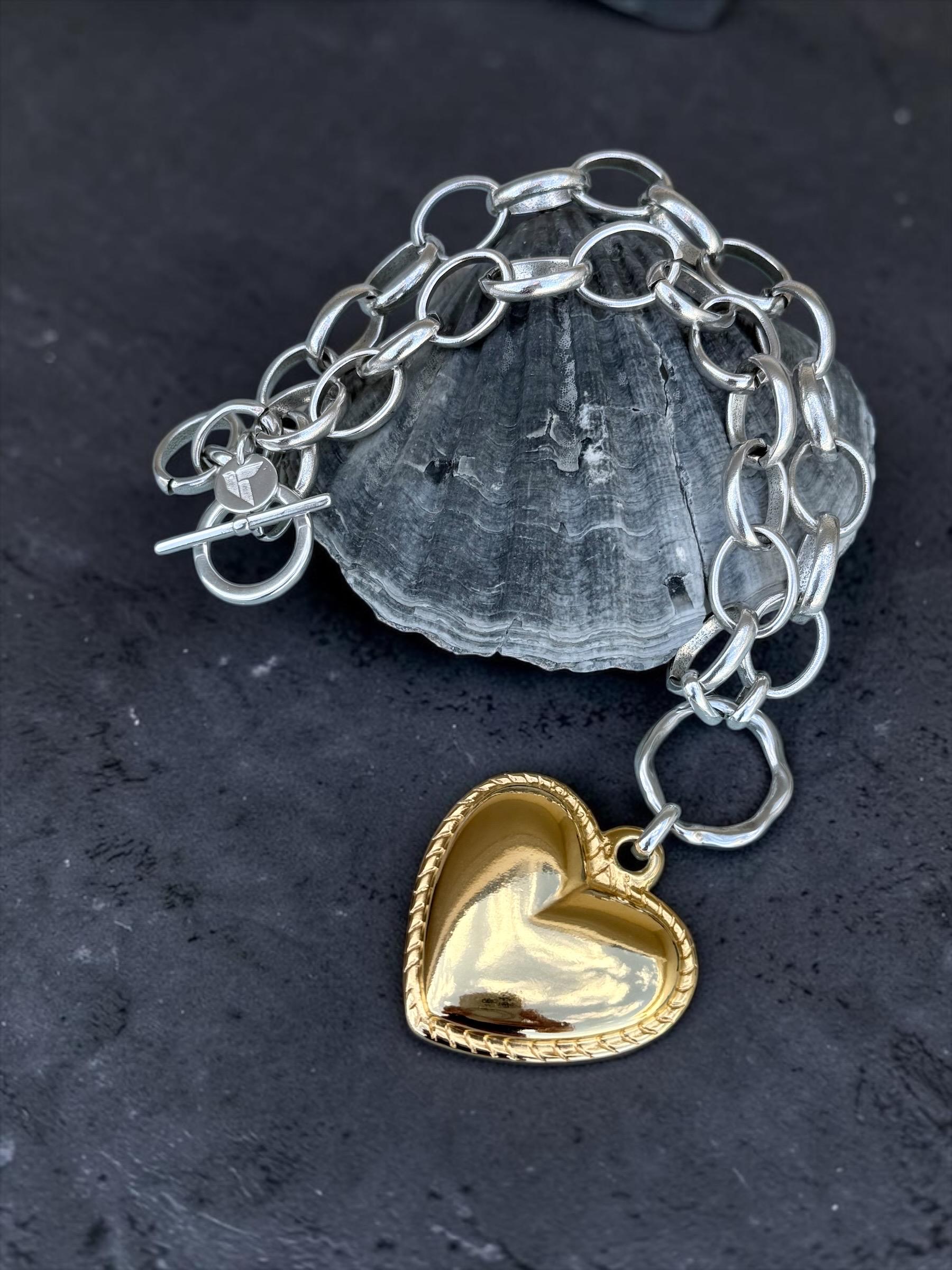 Artisian Sterling Silver Plated Chunky Chain Necklace with Gold Heart Pendant, custom jewelry