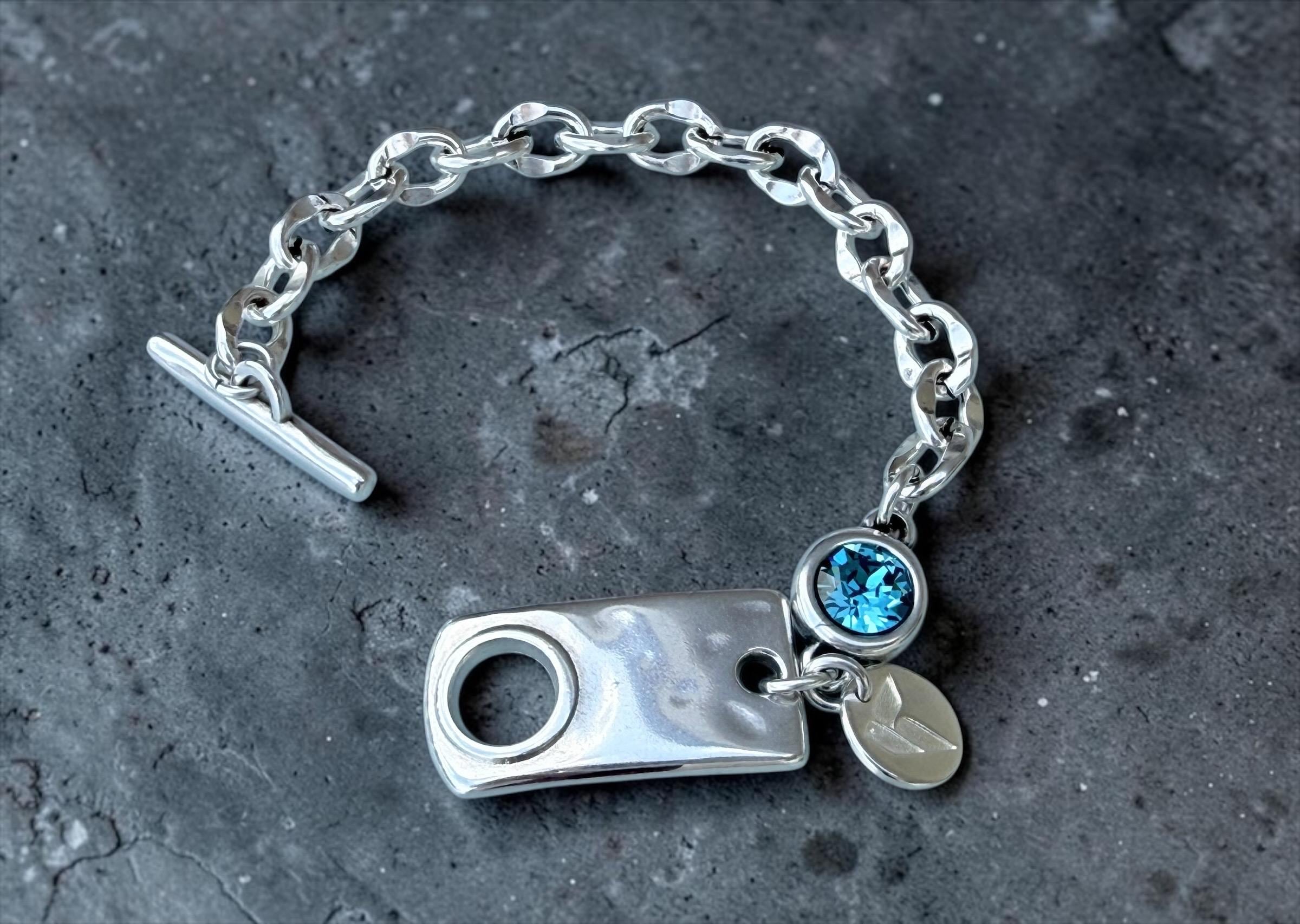 Chunky Silver Chain Bracelet with Swarovski Crystal – Bold Custom Design with Toggle Clasp – Handmade