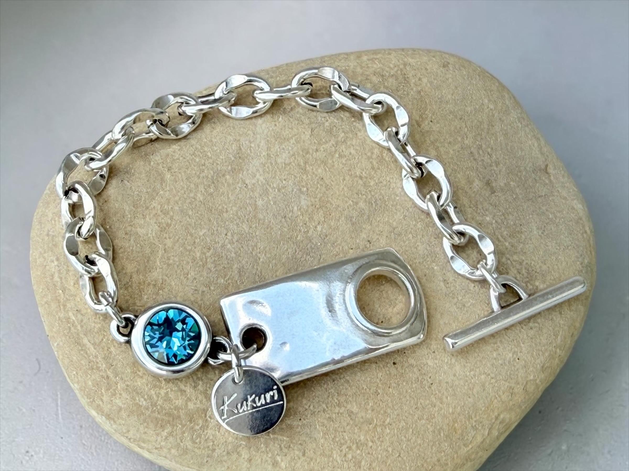 Chunky Silver Chain Bracelet with Swarovski Crystal – Bold Custom Design with Toggle Clasp – Handmade
