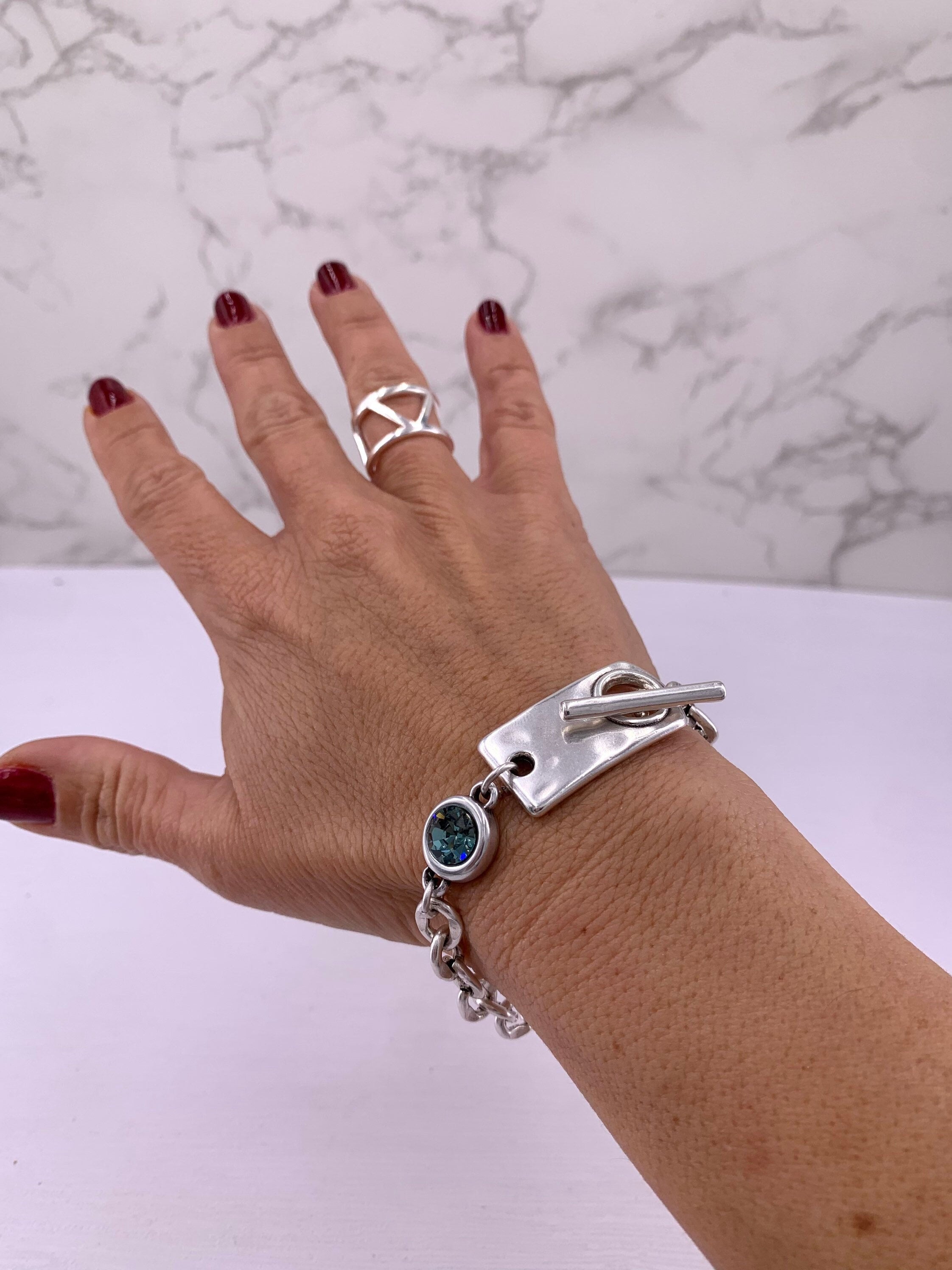 Chunky Silver Chain Bracelet with Swarovski Crystal – Bold Custom Design with Toggle Clasp – Handmade