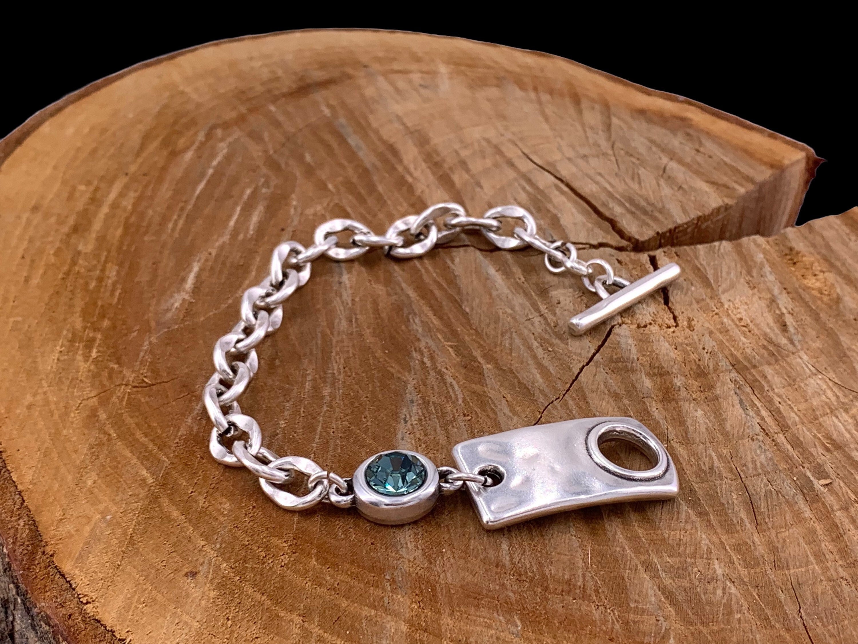 Chunky Silver Chain Bracelet with Swarovski Crystal – Bold Custom Design with Toggle Clasp – Handmade