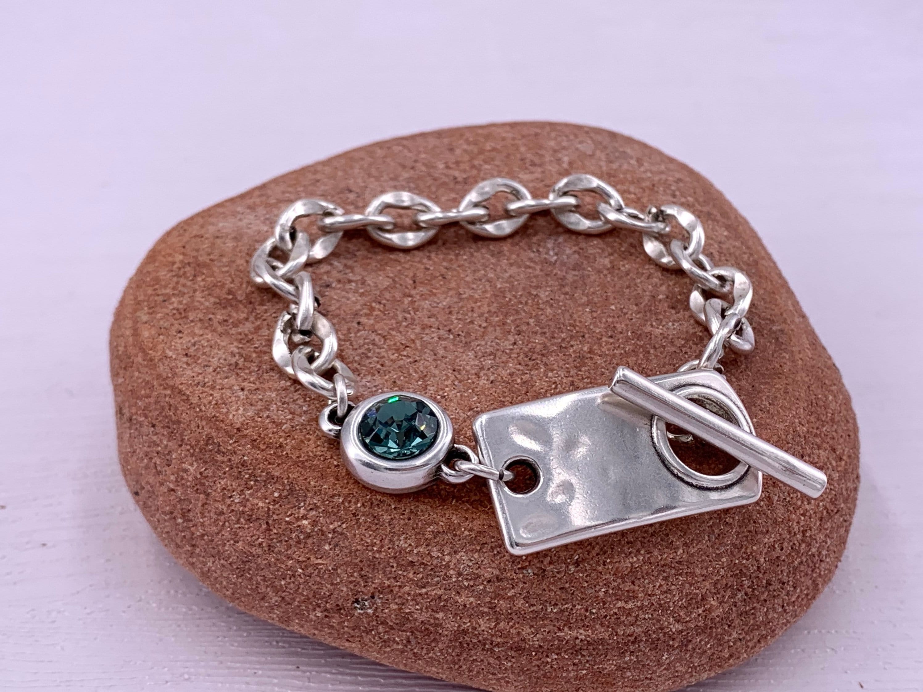 Chunky Silver Chain Bracelet with Swarovski Crystal – Bold Custom Design with Toggle Clasp – Handmade