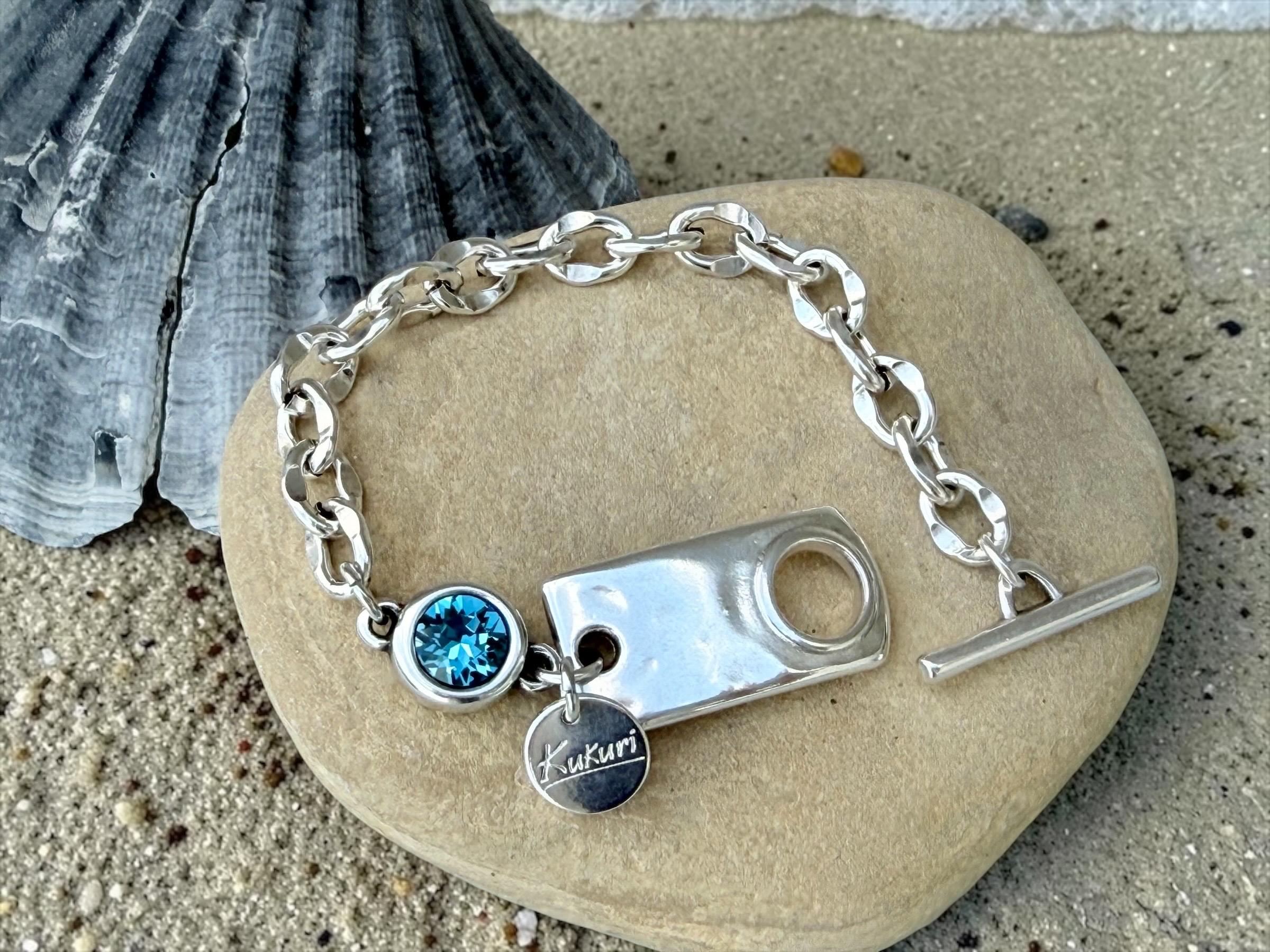 Chunky Silver Chain Bracelet with Swarovski Crystal – Bold Custom Design with Toggle Clasp – Handmade