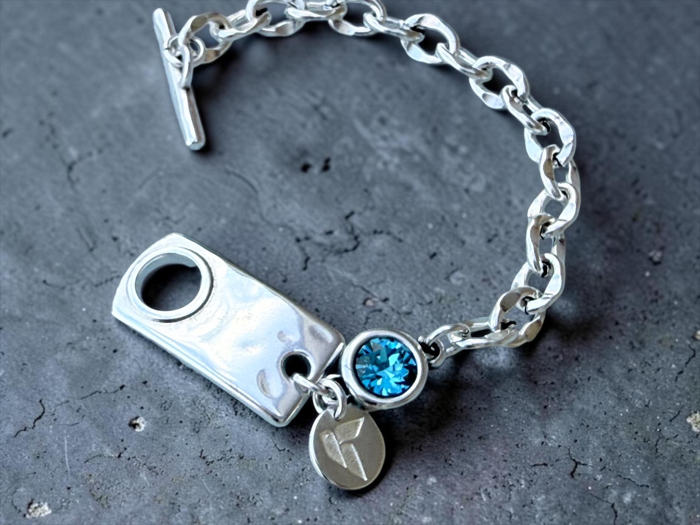 Chunky Silver Chain Bracelet with Swarovski Crystal – Bold Custom Design with Toggle Clasp – Handmade