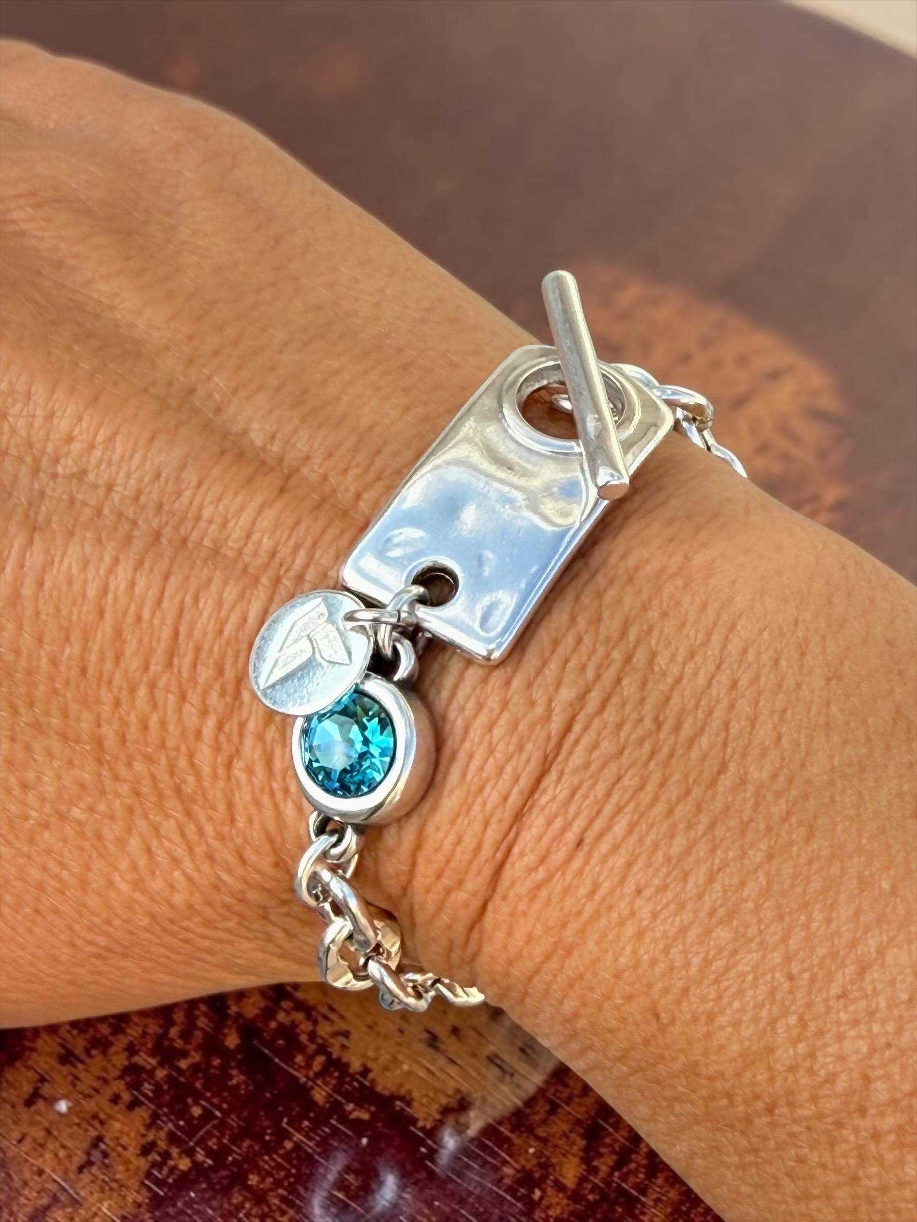 Chunky Silver Chain Bracelet with Swarovski Crystal – Bold Custom Design with Toggle Clasp – Handmade
